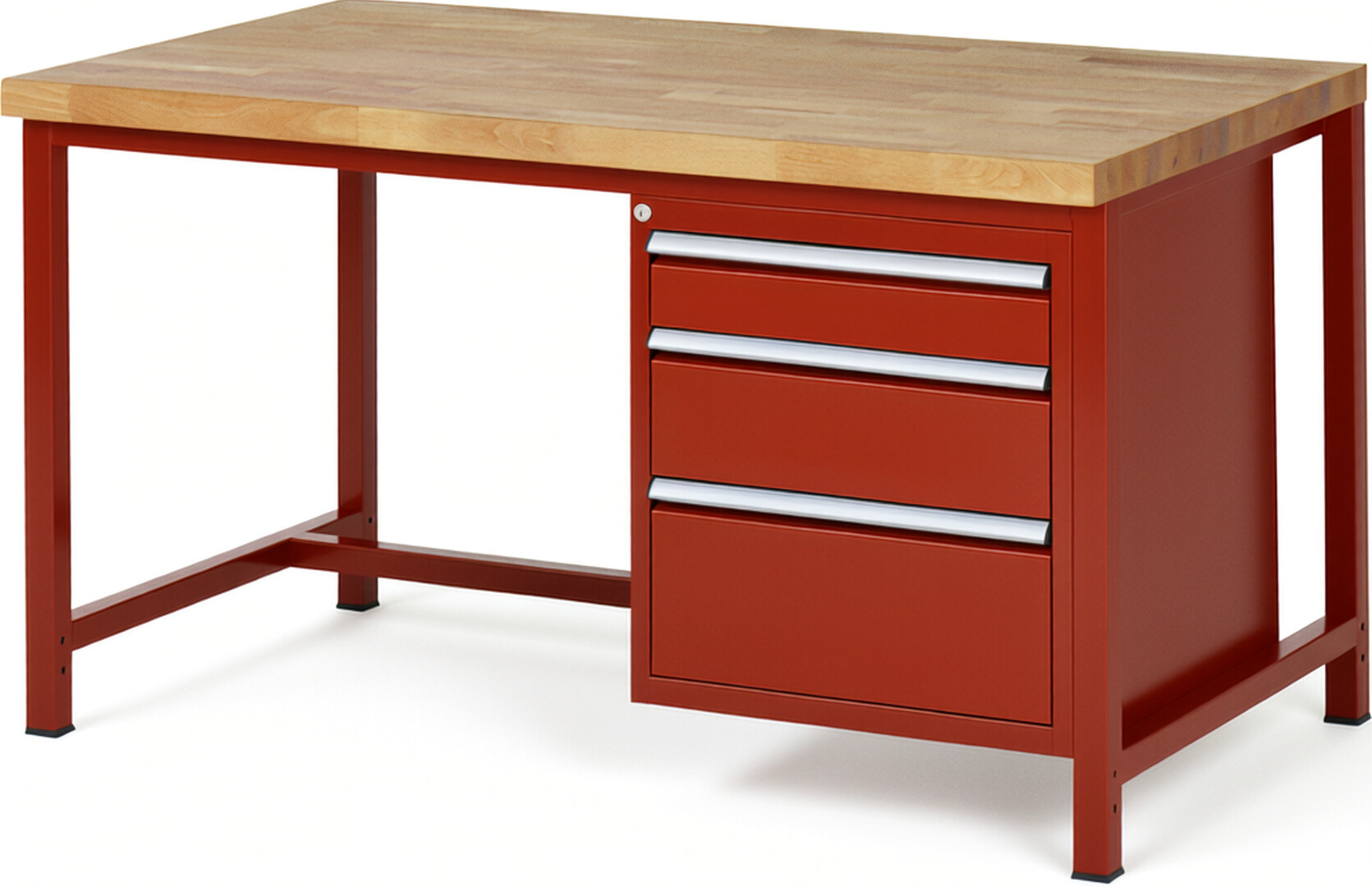 Werkbank Modell 8159 rot, BxTxH 1500x900x840-1040 mm,  Buche-Massiv Arbeitsplatte 40 mm,  3 Schubladen mit  Auszug 90 %