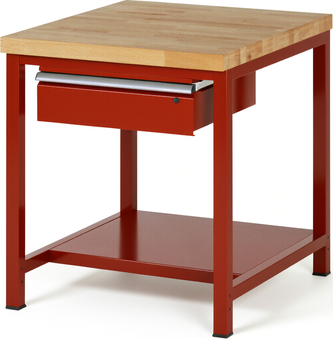 Werkbank Modell 8001 rot, BxTxH 750x900x840 mm,  Buche-Massiv Arbeitsplatte 40 mm,  1 Schublade mit  Auszug 90 %