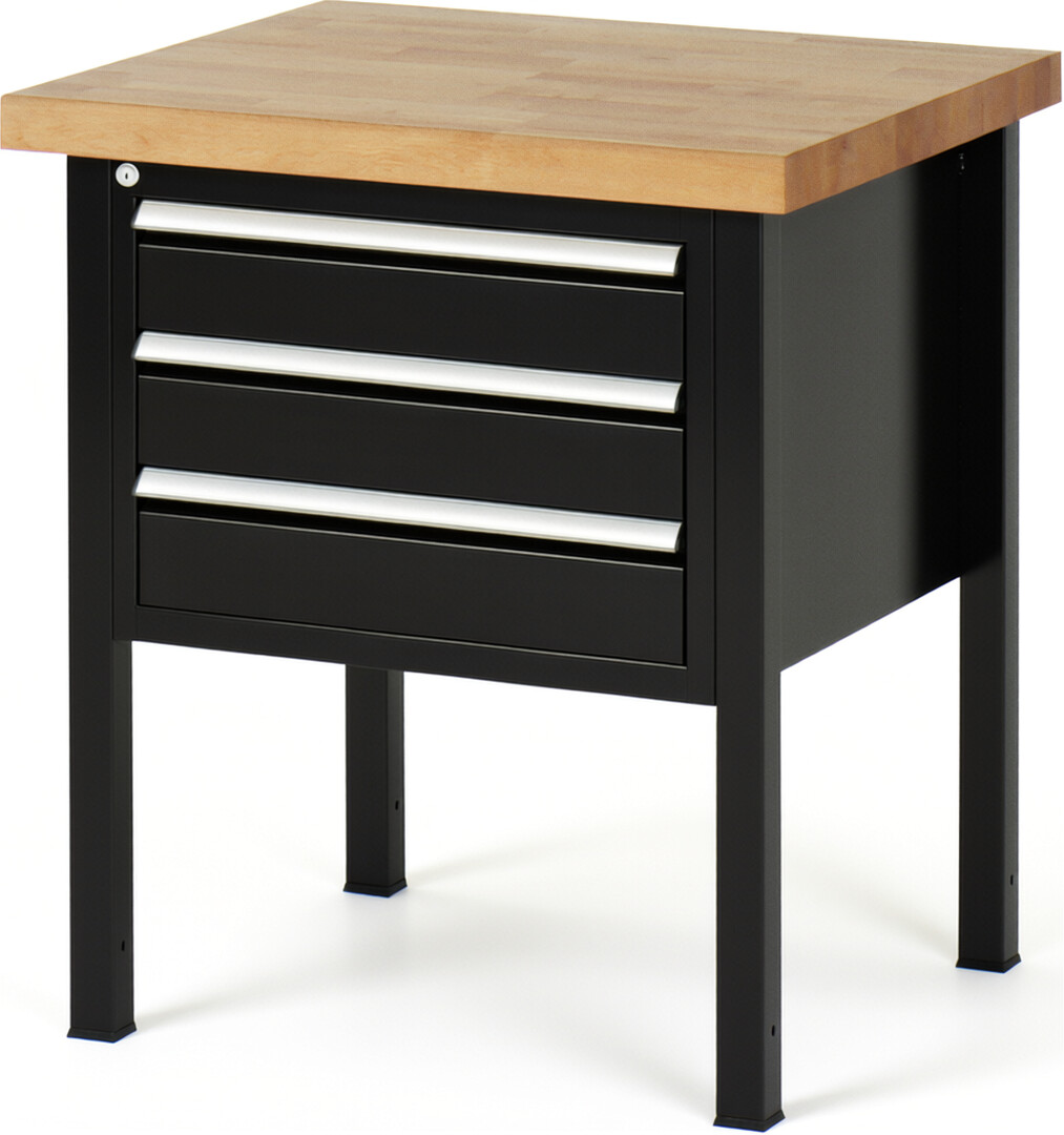 Werkbank Modell 8127 schwarz, BxTxH 750x700x840-1040 mm,  Buche-Massiv Arbeitsplatte 40 mm,  3 Schubladen mit  Auszug 90 %