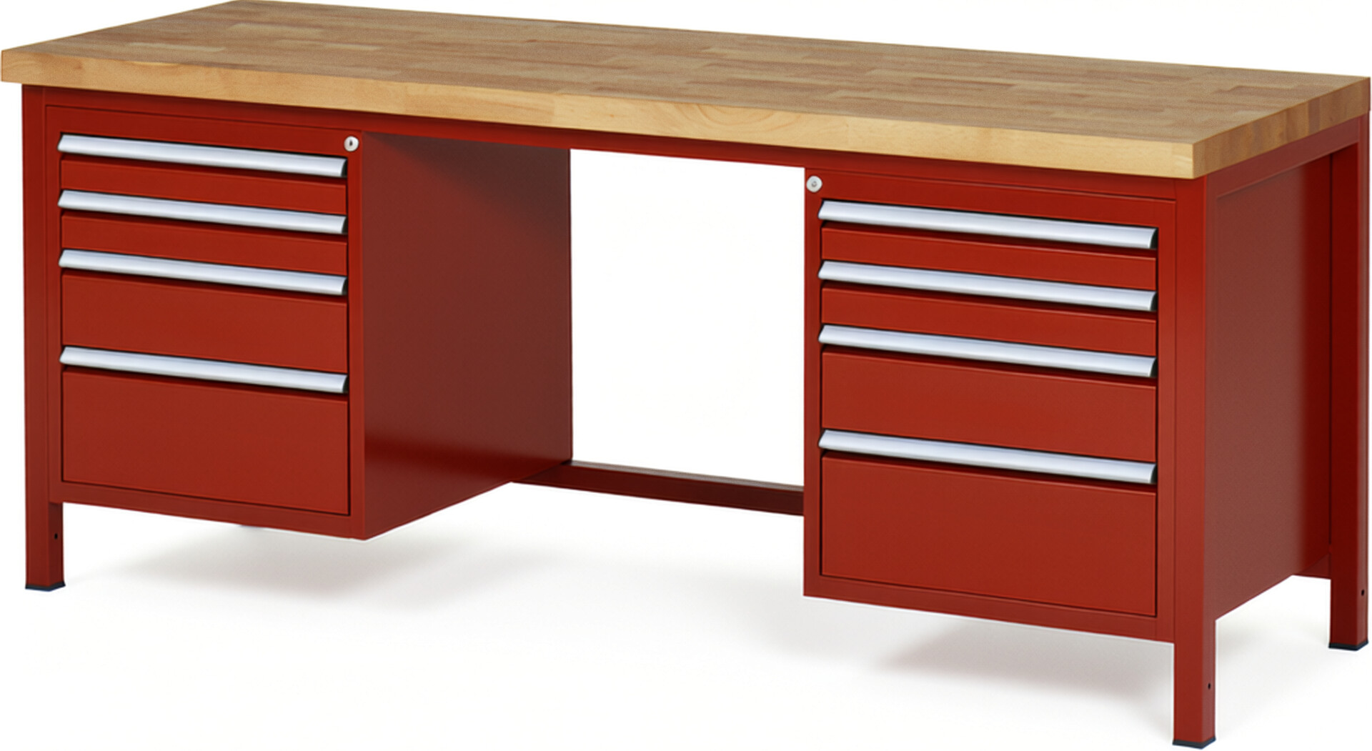 Werkbank Modell 8182 rot, BxTxH 2000x700x840-1040 mm,  Buche-Massiv Arbeitsplatte 40 mm,  8 Schubladen mit  Auszug 90 %