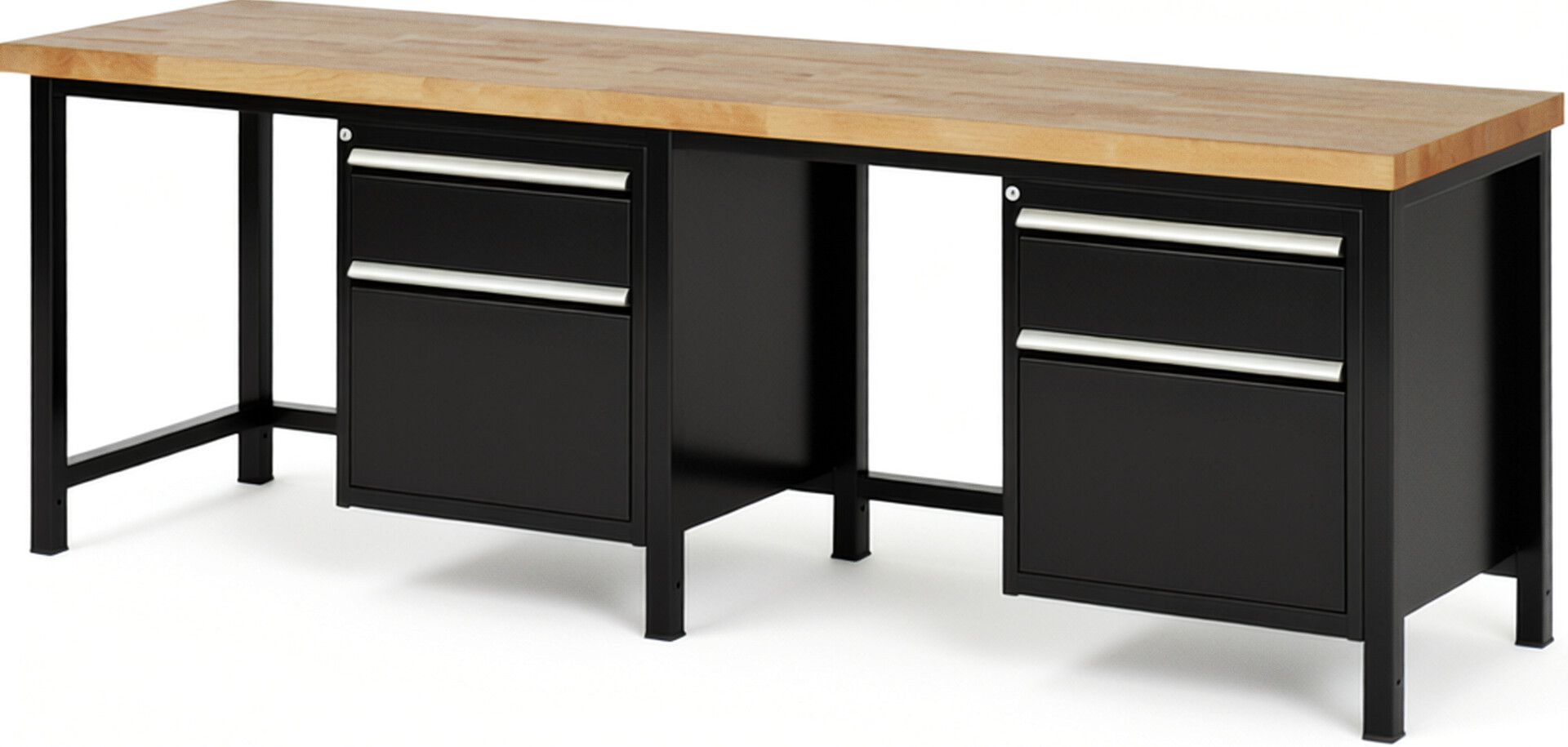 Werkbank Modell 8156 schwarz, BxTxH 2500x700x840 mm,  Buche-Massiv Arbeitsplatte 40 mm,  4 Schubladen mit  Auszug 90 %