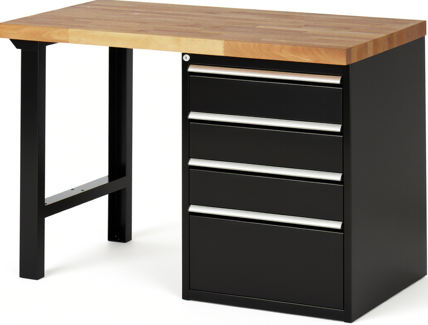 Werkbank Modell 7510 schwarz, BxTxH 1250x700x890 mm,  Buche-Massiv Arbeitsplatte 40 mm,  4 Schubladen mit  Auszug 90 %