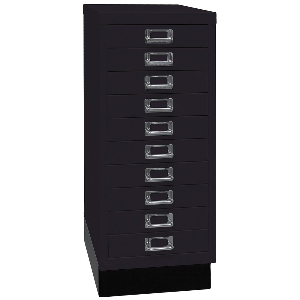 Schubladenschrank aus Stahl, BxTxH 279x380x670 mm, 10 Schubladen 51 mm, DIN A4, Sockel 80 mm hoch, schwarz
