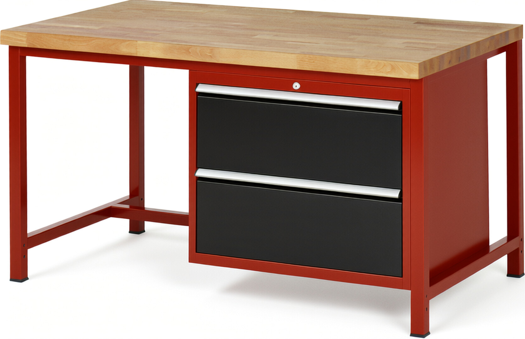 Werkbank Modell 8255 rot - schwarz, BxTxH 1500x900x840-1040 mm,  Buche-Massiv Arbeitsplatte 40 mm,  2 Schubladen mit  Vollauszug 100 % und  SoftClosing