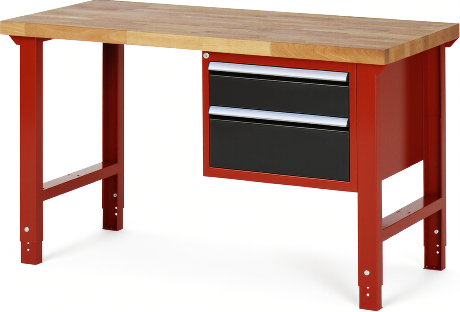 Werkbank Modell 7123 rot - schwarz, BxTxH 1500x700x790-1140 mm,  Buche-Massiv Arbeitsplatte 40 mm,  2 Schubladen mit  Auszug 90 %