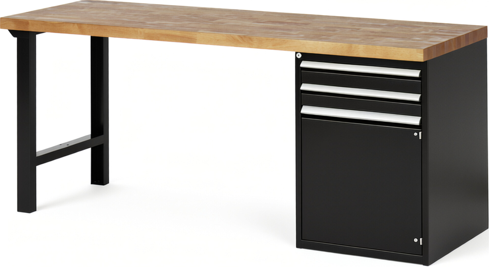Werkbank Modell 7503 schwarz, BxTxH 2000x700x890 mm,  Buche-Massiv Arbeitsplatte 40 mm,  2 Schubladen mit  Vollauszug 100 % und  SoftClosing