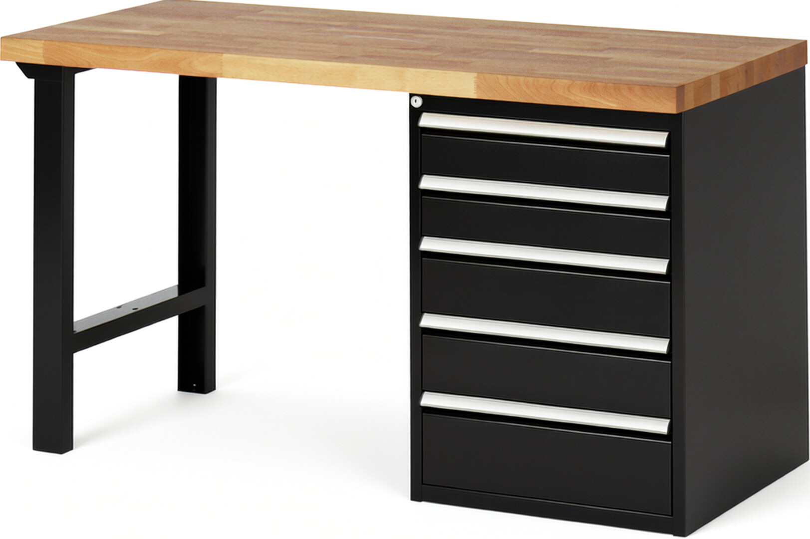 Werkbank Modell 7513 schwarz, BxTxH 1500x700x890 mm,  Buche-Massiv Arbeitsplatte 40 mm,  5 Schubladen mit  Auszug 90 %