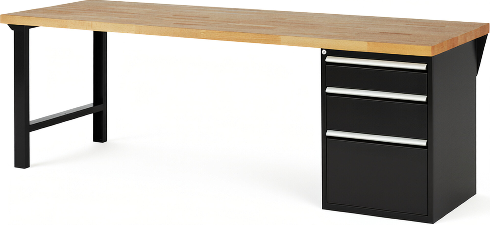 Werkbank Modell 7508 schwarz, BxTxH 2500x900x840 mm,  Buche-Massiv Arbeitsplatte 40 mm,  3 Schubladen mit  Vollauszug 100 % und  SoftClosing