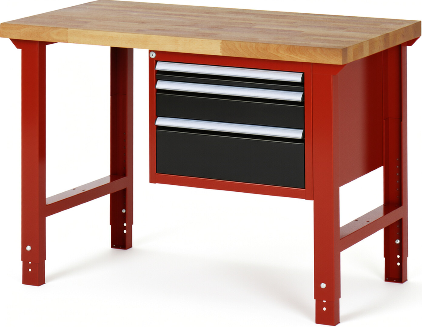 Werkbank Modell 7126 rot - schwarz, BxTxH 1250x700x790-1140 mm,  Buche-Massiv Arbeitsplatte 40 mm,  3 Schubladen mit  Auszug 90 %
