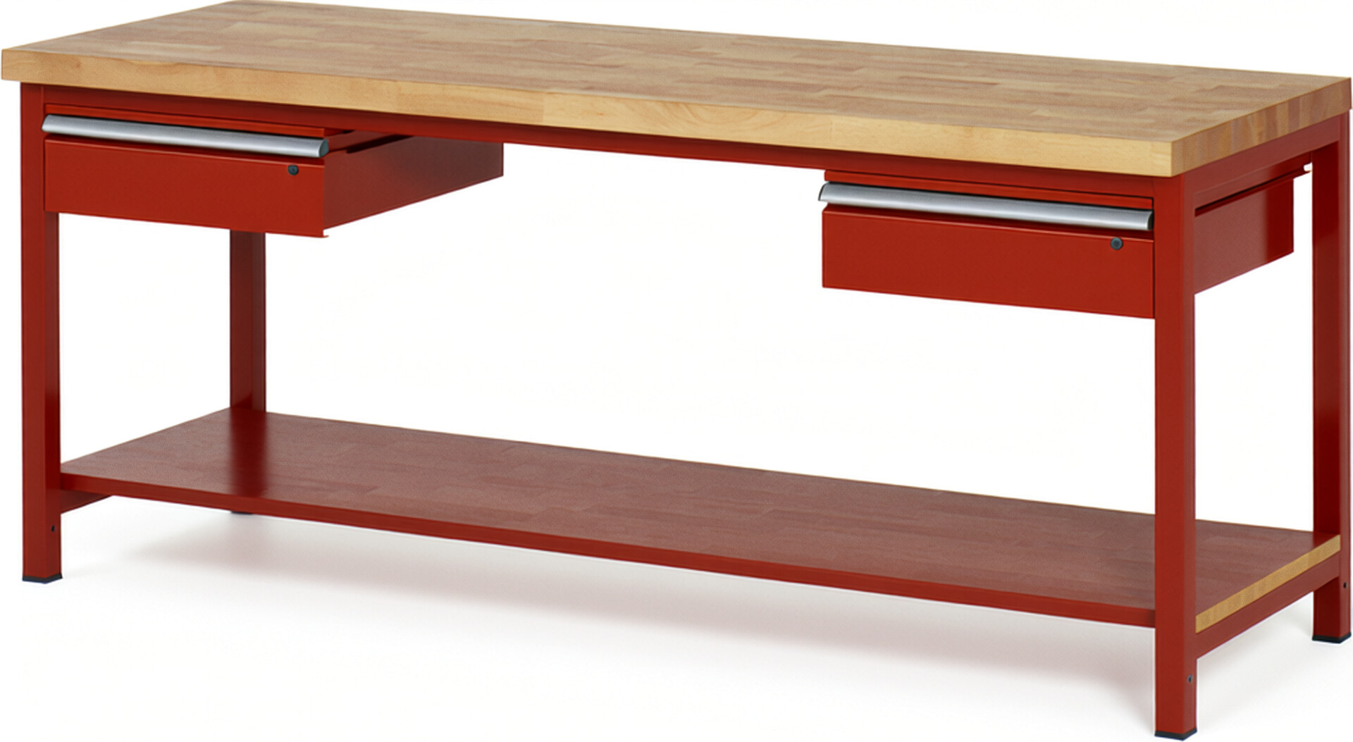 Werkbank Modell 8002 rot, BxTxH 2000x700x840-1040 mm,  Buche-Massiv Arbeitsplatte 40 mm,  2 Schubladen mit  Auszug 90 %