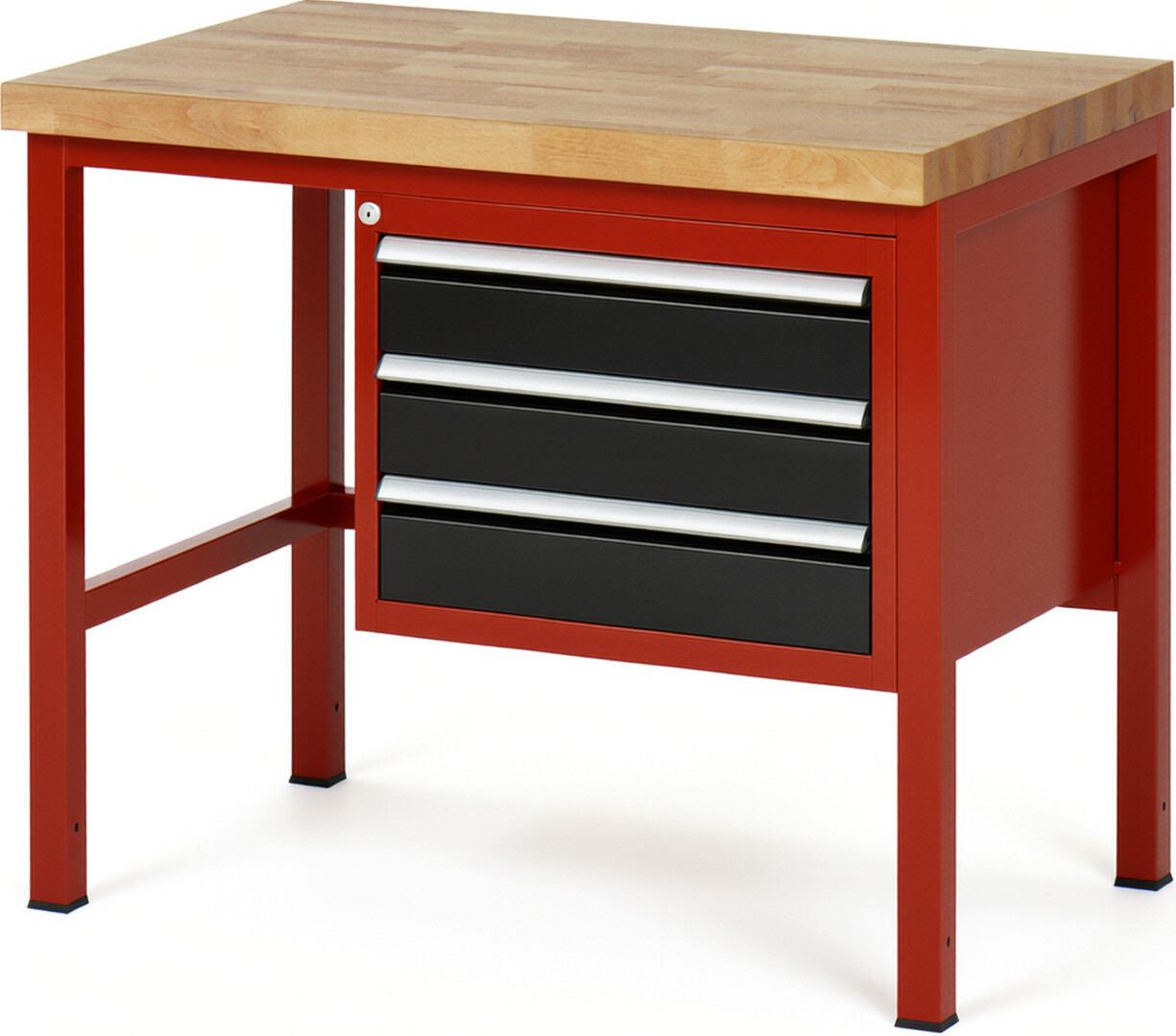 Werkbank Modell 8127 rot - schwarz, BxTxH 1000x700x840-1040 mm,  Buche-Massiv Arbeitsplatte 40 mm,  3 Schubladen mit  Auszug 90 %
