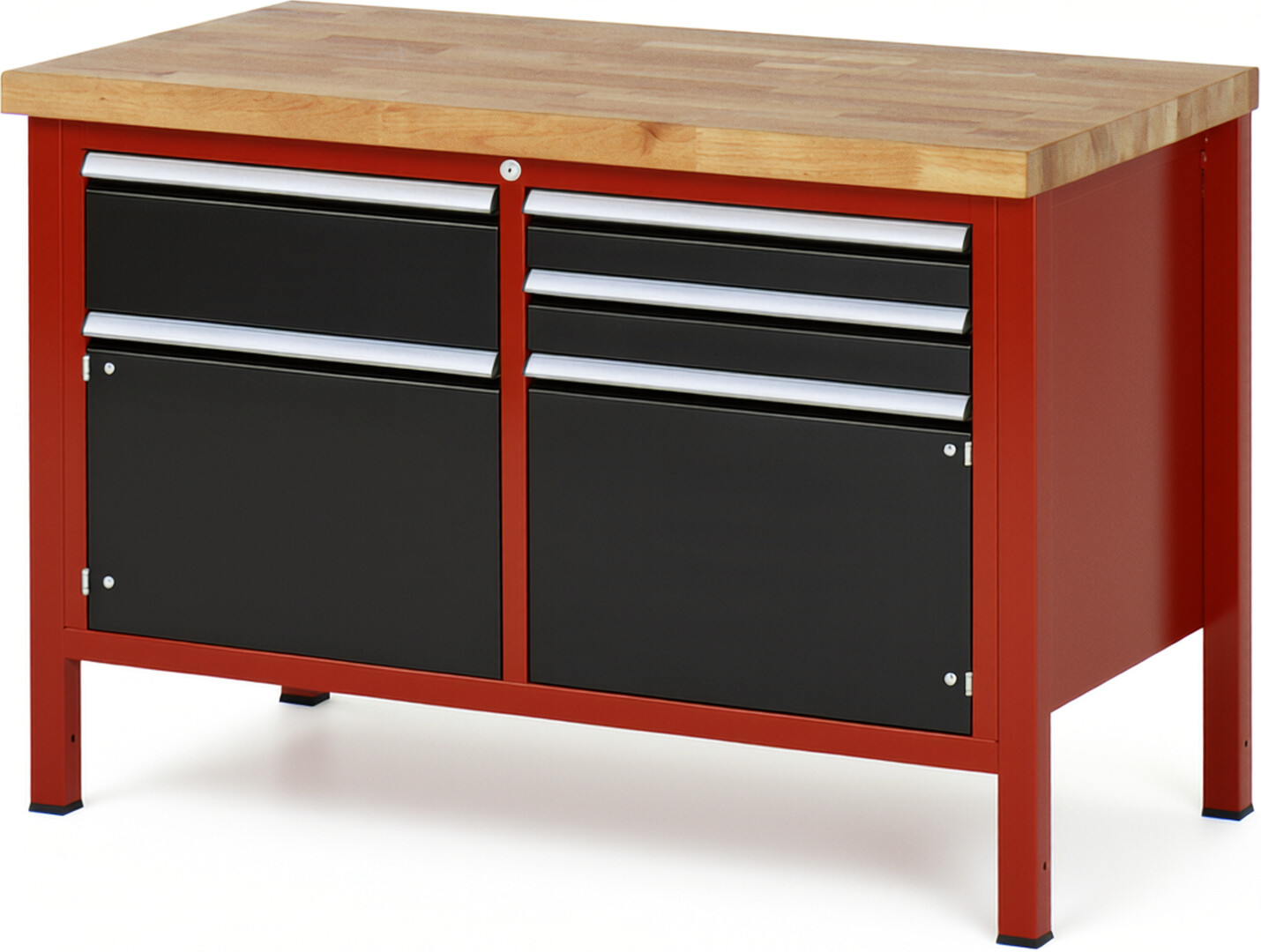 Werkbank Modell 8467 rot - schwarz, BxTxH 1250x700x840 mm,  Buche-Massiv Arbeitsplatte 40 mm,  3 Schubladen mit  Vollauszug 100 % und  SoftClosing