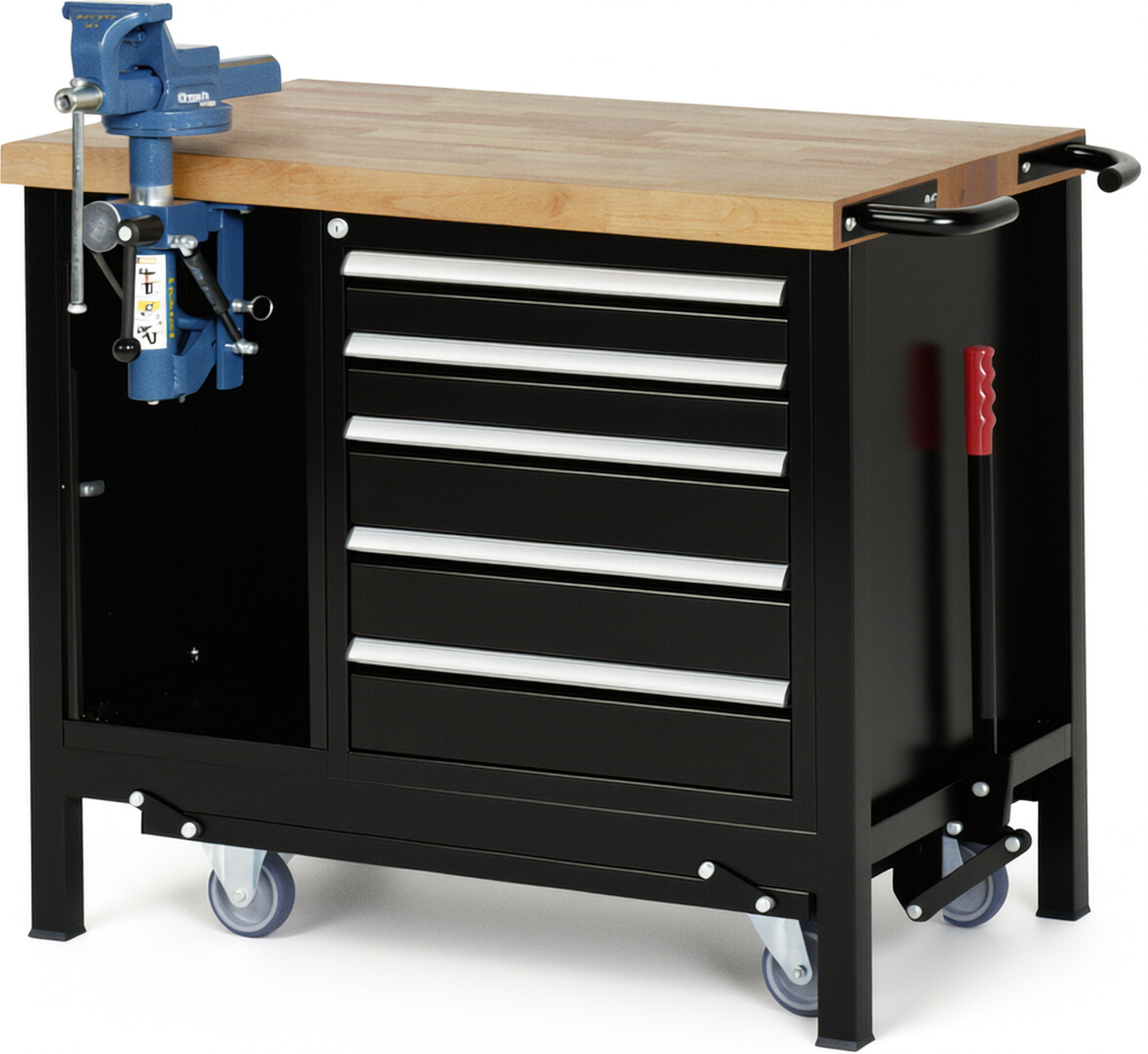Absenkbare Werkbank Modell 8187 schwarz, BxTxH 1000x700x880 mm,  Buche-Massiv Arbeitsplatte 40 mm,  5 Schubladen mit  Auszug 90 %