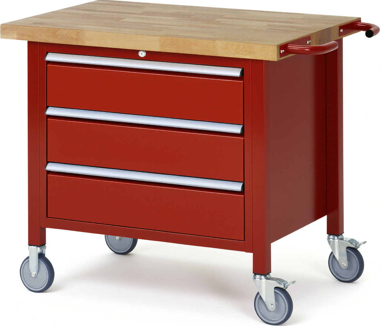Fahrbare Werkbank Modell 8257 rot, BxTxH 1000x700x880 mm,  Buche-Massiv Arbeitsplatte 40 mm,  3 Schubladen mit  Vollauszug 100 % und  SoftClosing