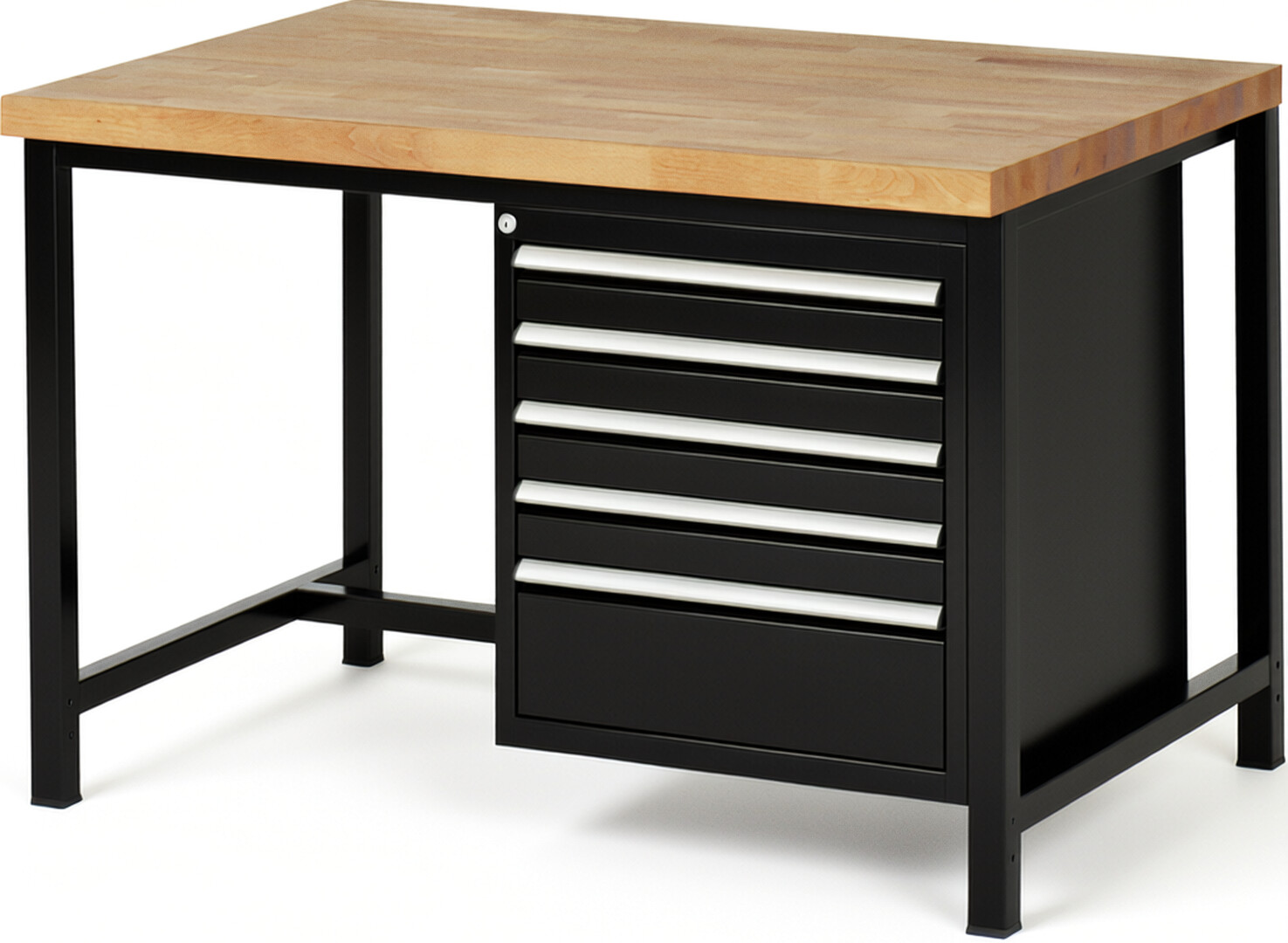 Werkbank Modell 8168 schwarz, BxTxH 1250x900x840 mm,  Buche-Massiv Arbeitsplatte 40 mm,  5 Schubladen mit  Vollauszug 100 % und  SoftClosing