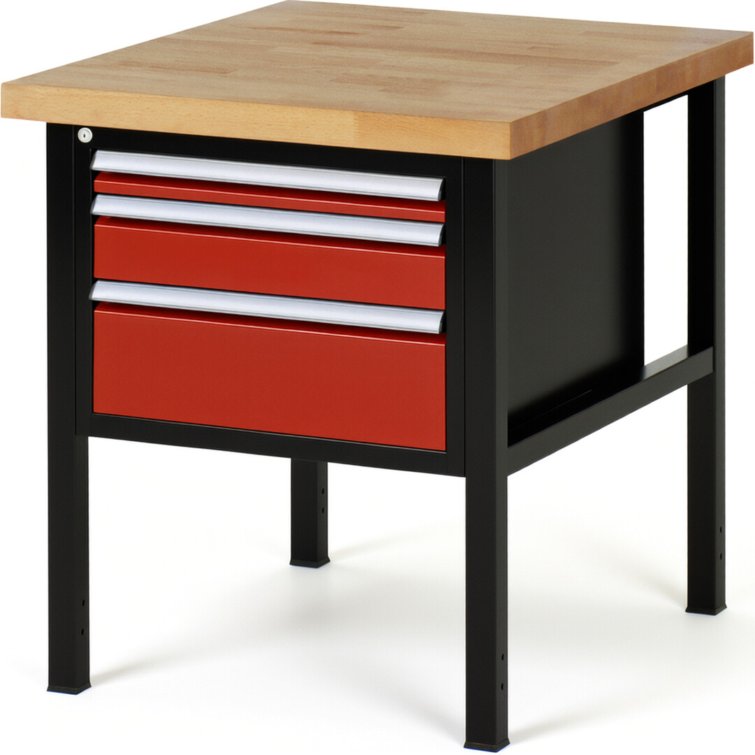 RAU Werkbank schwarz - rot - Breite 75 cm - Tiefe 90 cm - Höhe 104 cm - Buche-Massiv Arbeitsplatte 40 mm