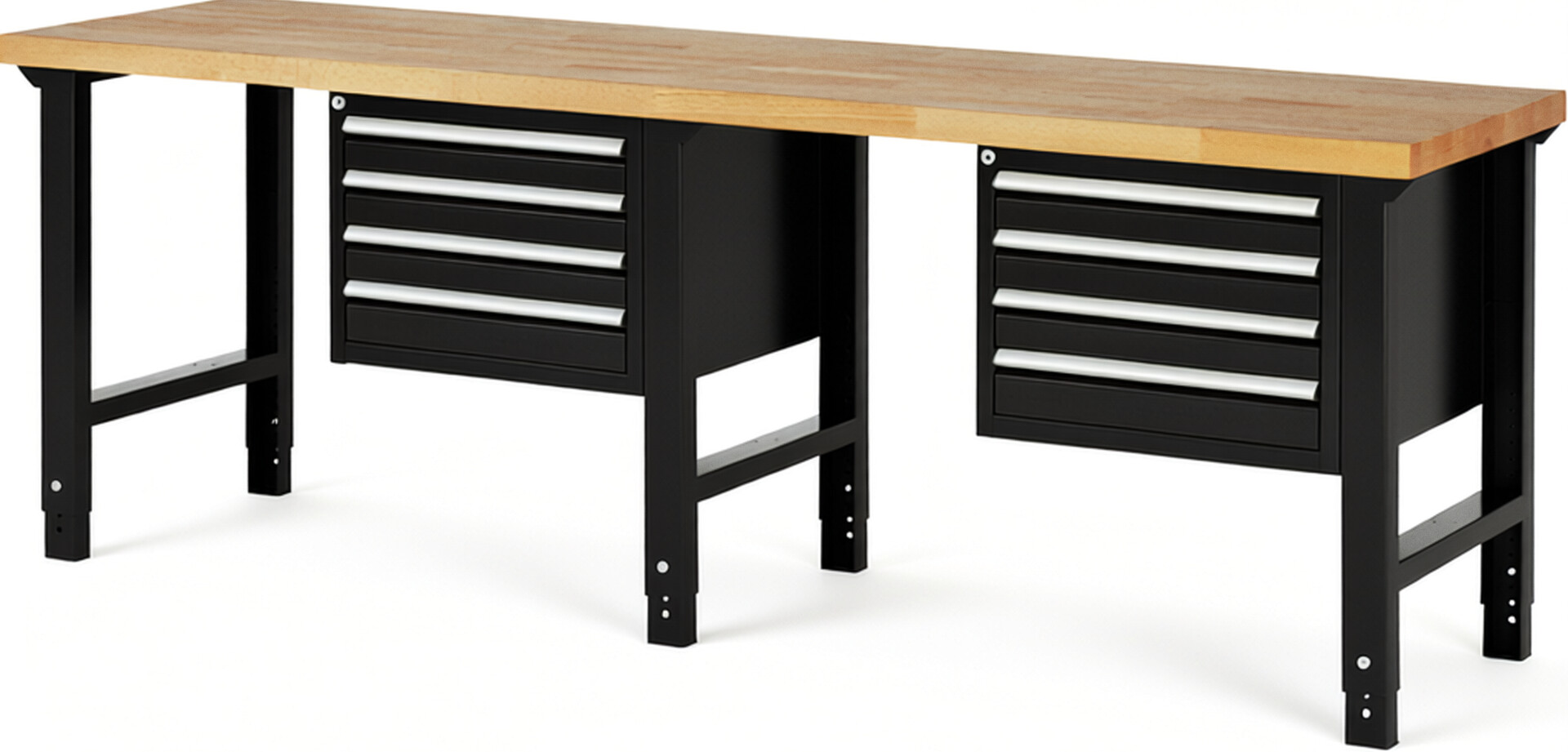 Werkbank Modell 7133 schwarz, BxTxH 2500x700x790-1140 mm,  Buche-Massiv Arbeitsplatte 40 mm,  8 Schubladen mit  Auszug 90 %