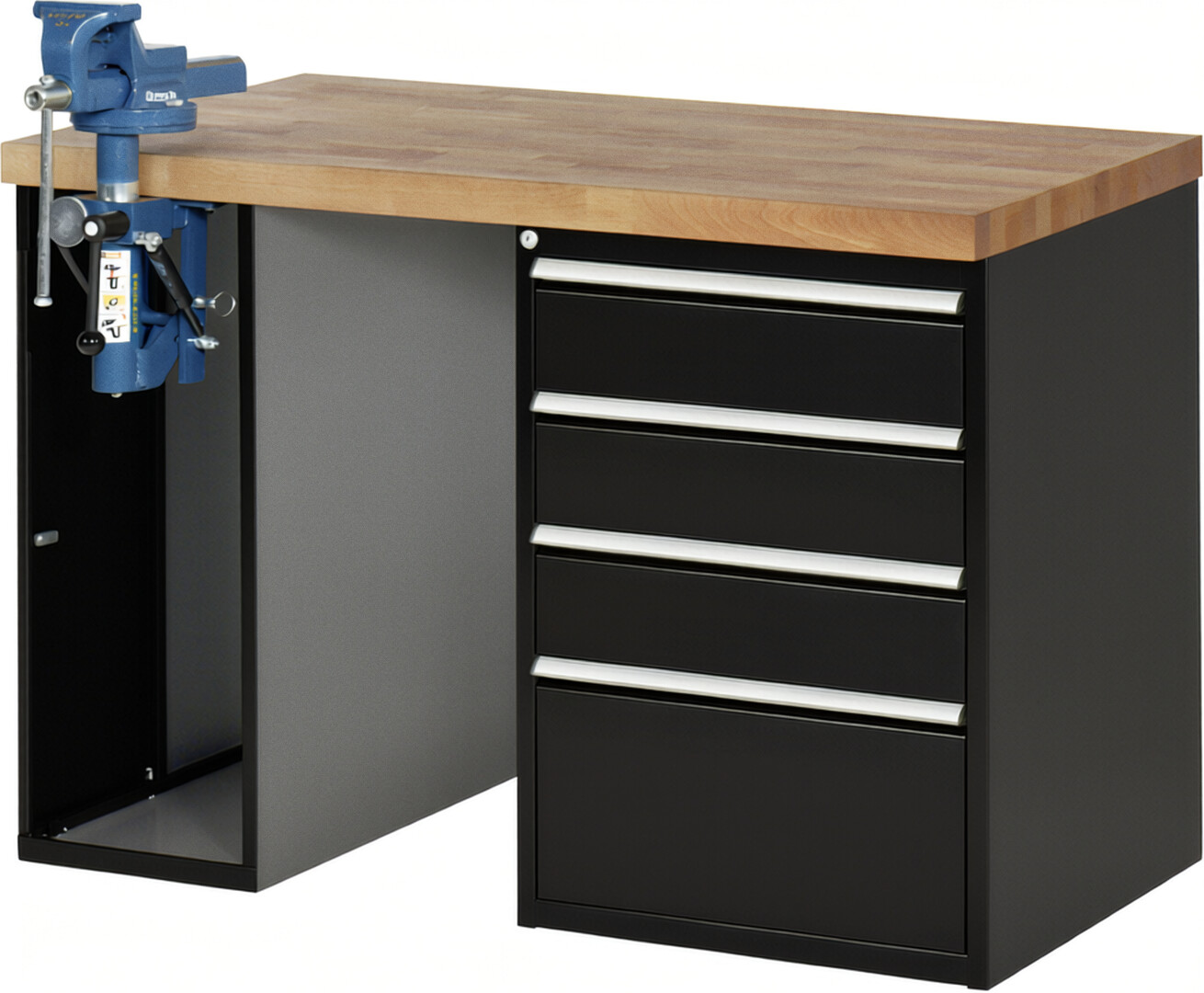 Werkbank Modell 7510 schwarz, BxTxH 1250x700x890 mm,  Buche-Massiv Arbeitsplatte 40 mm,  4 Schubladen mit  Vollauszug 100 % und  SoftClosing