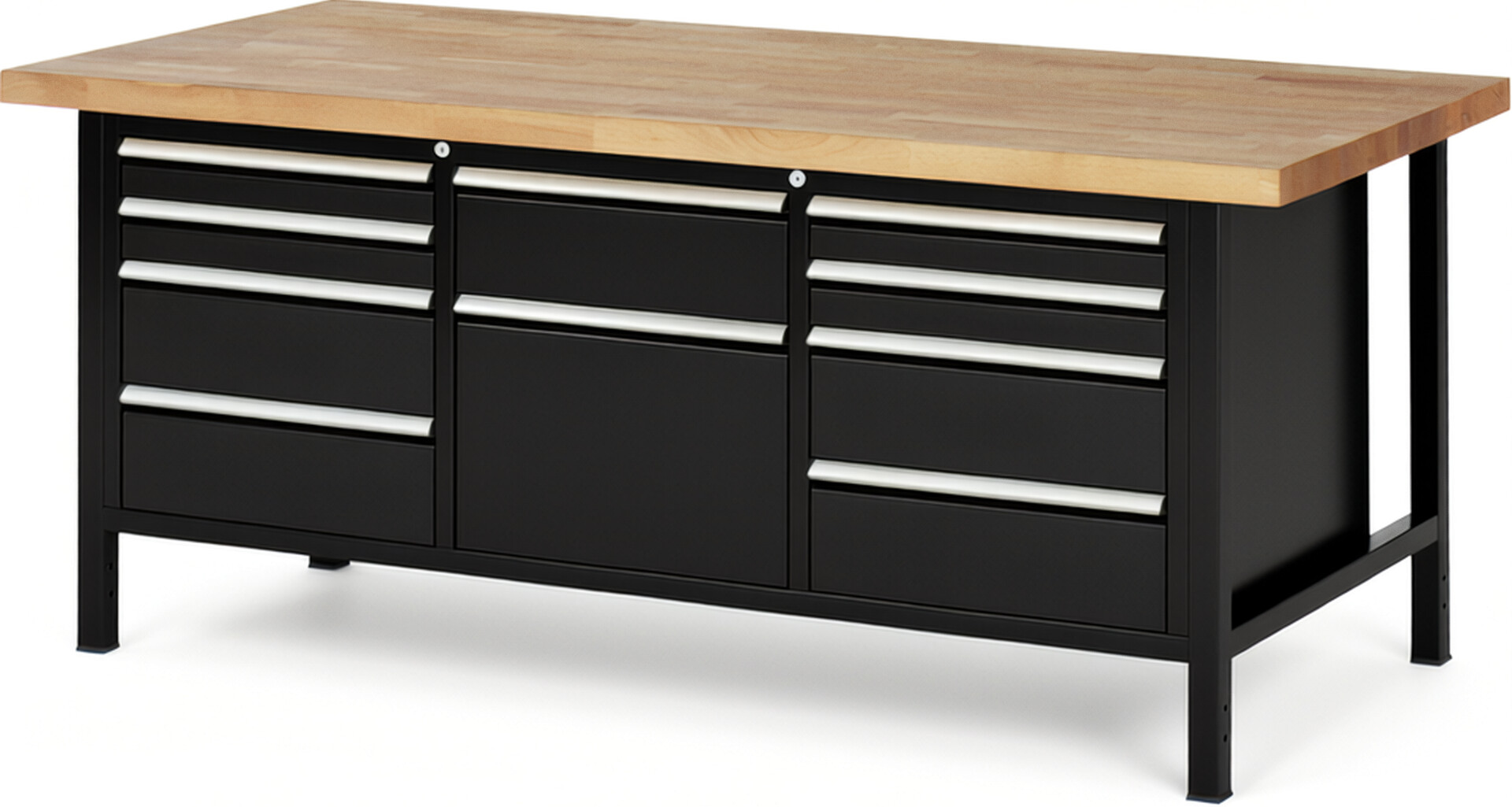 Werkbank Modell 8575 schwarz, BxTxH 2000x900x840 mm,  Buche-Massiv Arbeitsplatte 40 mm,  10 Schubladen mit  Auszug 90 %