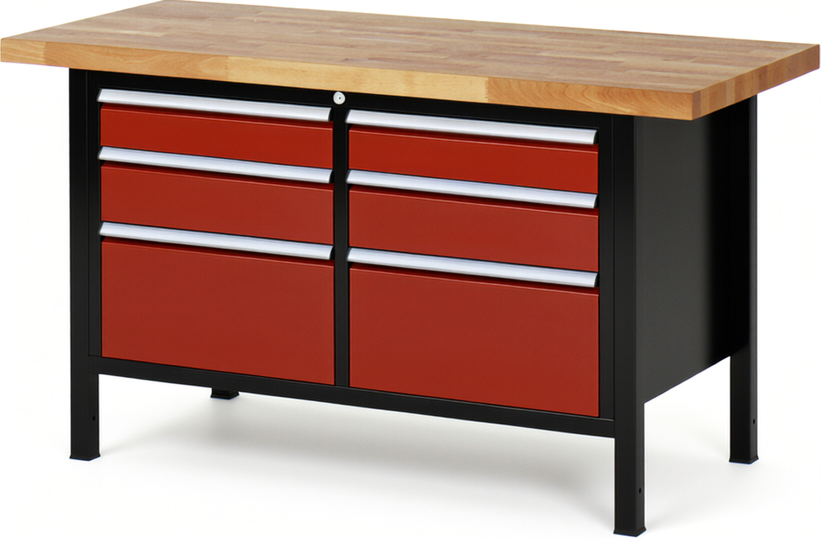 RAU Werkbank schwarz - rot - Breite 150 cm - Tiefe 70 cm - Höhe 104 cm - Buche-Massiv Arbeitsplatte 40 mm