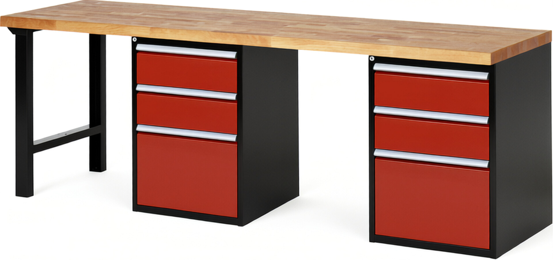 RAU Werkbank schwarz - rot - Breite 250 cm - Tiefe 70 cm - Höhe 89 cm - Buche-Massiv Arbeitsplatte 40 mm