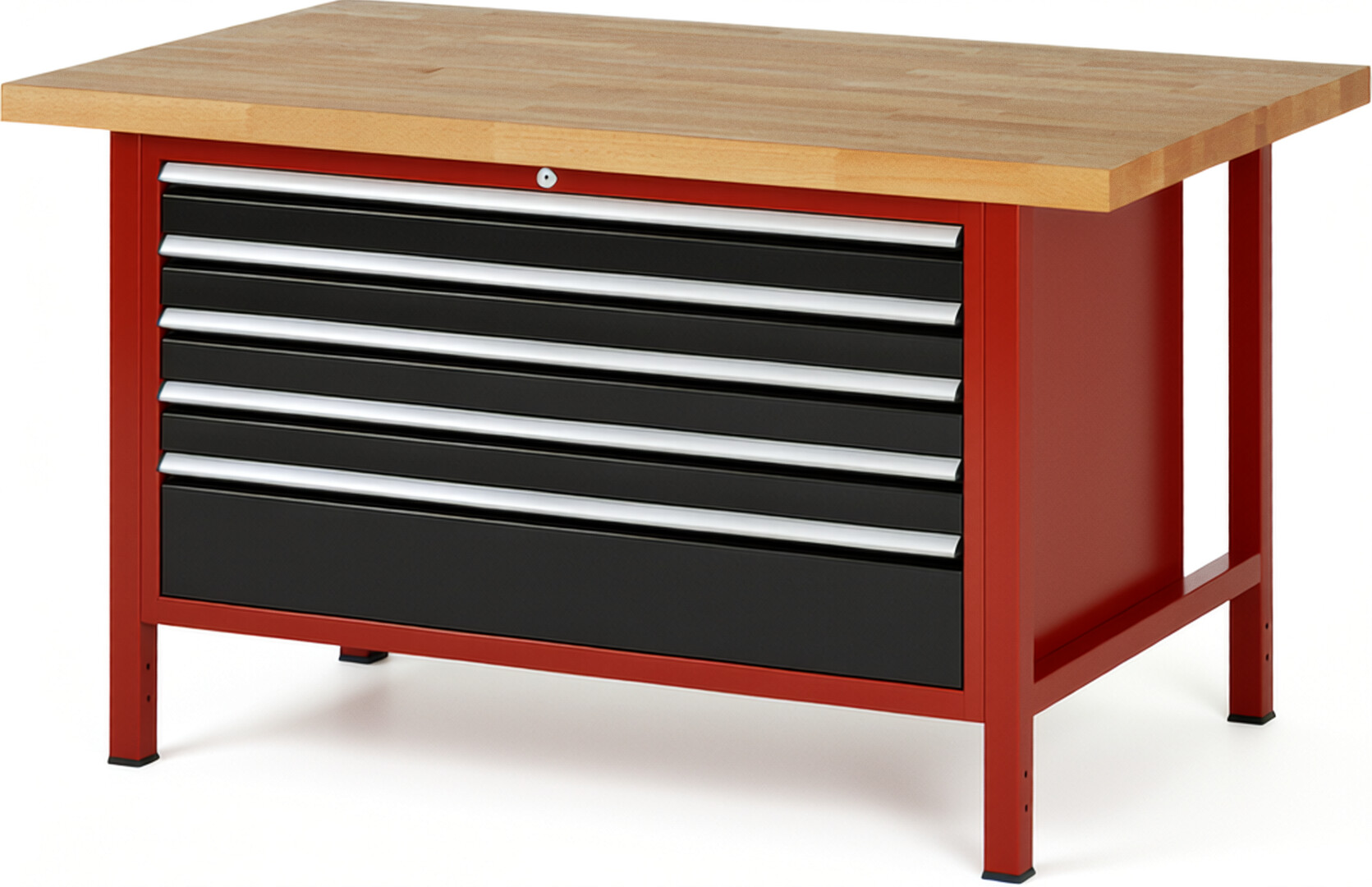Werkbank Modell 8368 rot - schwarz, BxTxH 1500x900x840 mm,  Buche-Massiv Arbeitsplatte 40 mm,  5 Schubladen mit  Auszug 90 %