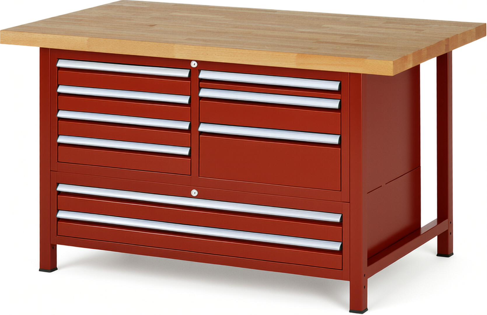Werkbank Modell 8933 rot, BxTxH 1500x900x840 mm,  Buche-Massiv Arbeitsplatte 40 mm,  9 Schubladen mit  Auszug 90 %