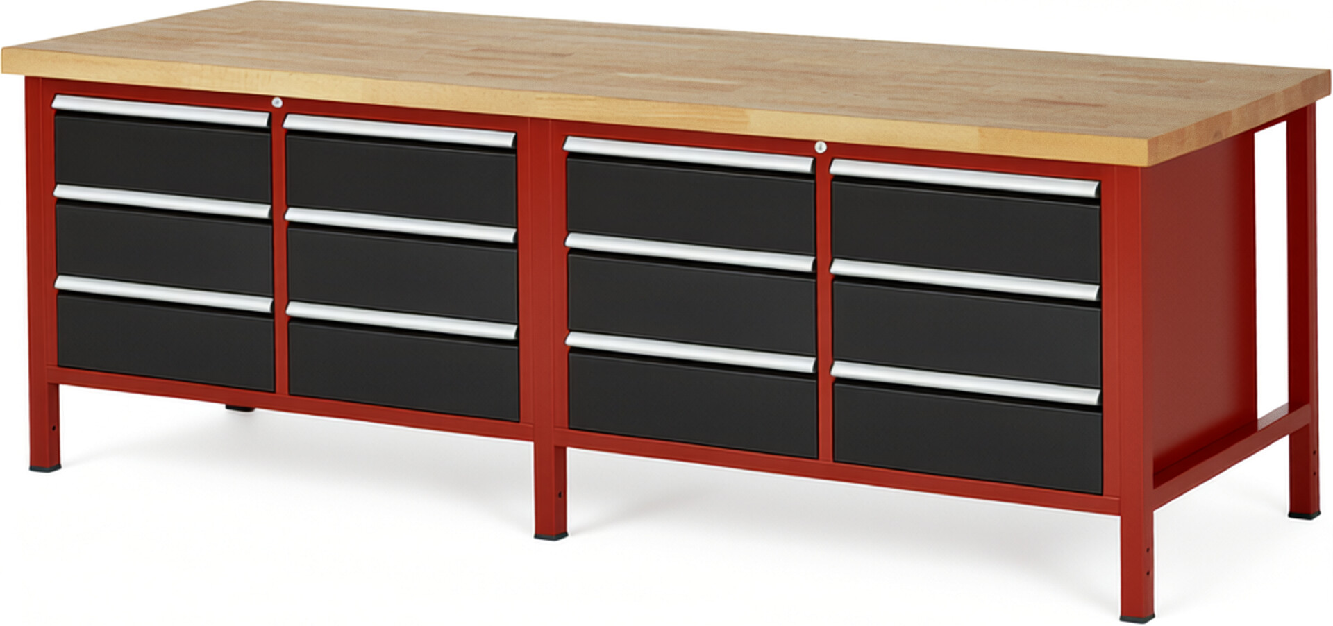 Werkbank Modell 8473 rot - schwarz, BxTxH 2500x900x840 mm,  Buche-Massiv Arbeitsplatte 40 mm,  12 Schubladen mit  Vollauszug 100 % und  SoftClosing