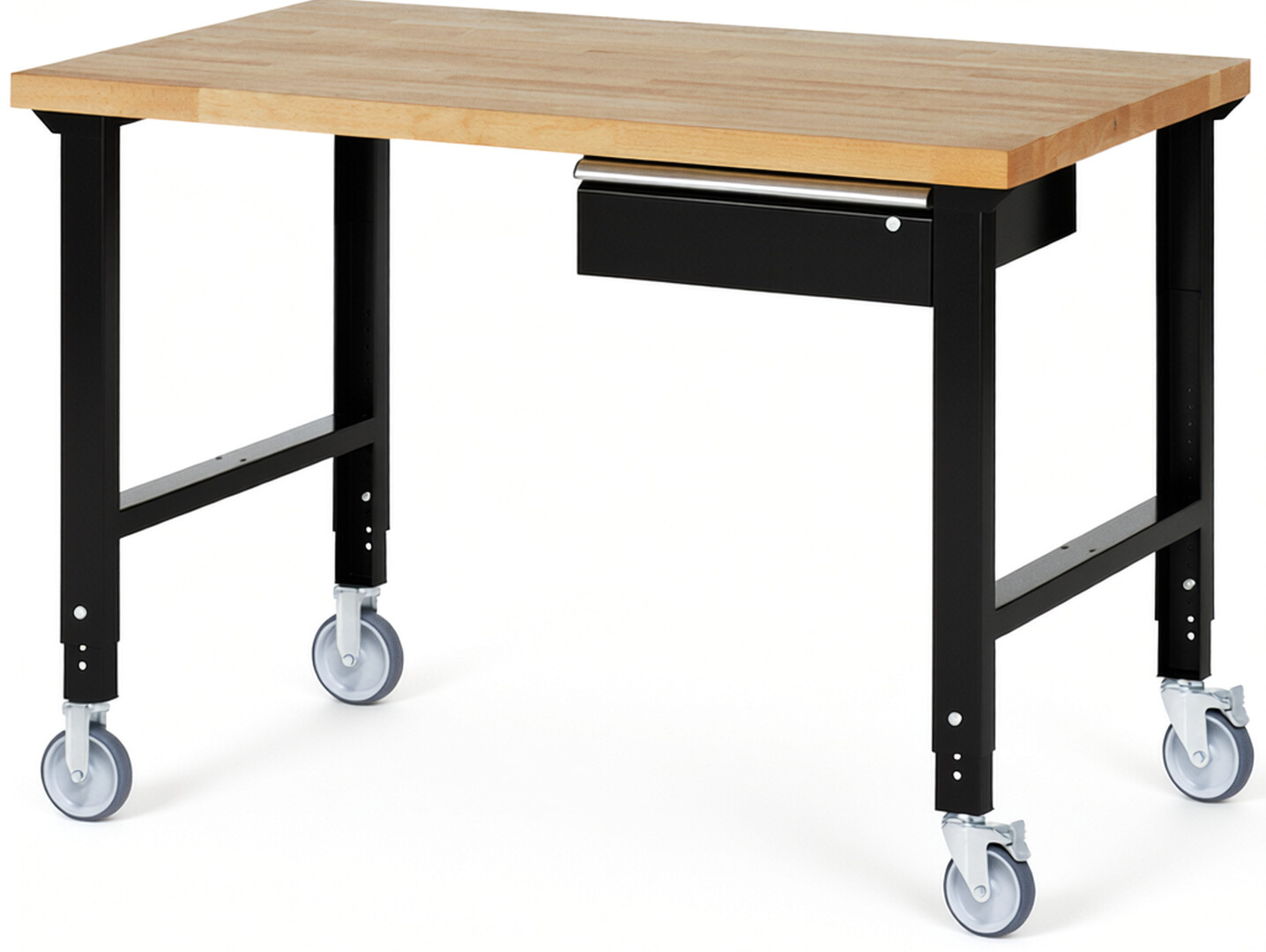 Fahrbare Werkbank Modell 7001 schwarz, BxTxH 1500x900x950-1000 mm,  Buche-Massiv Arbeitsplatte 40 mm,  1 Schublade mit  Auszug 90 %