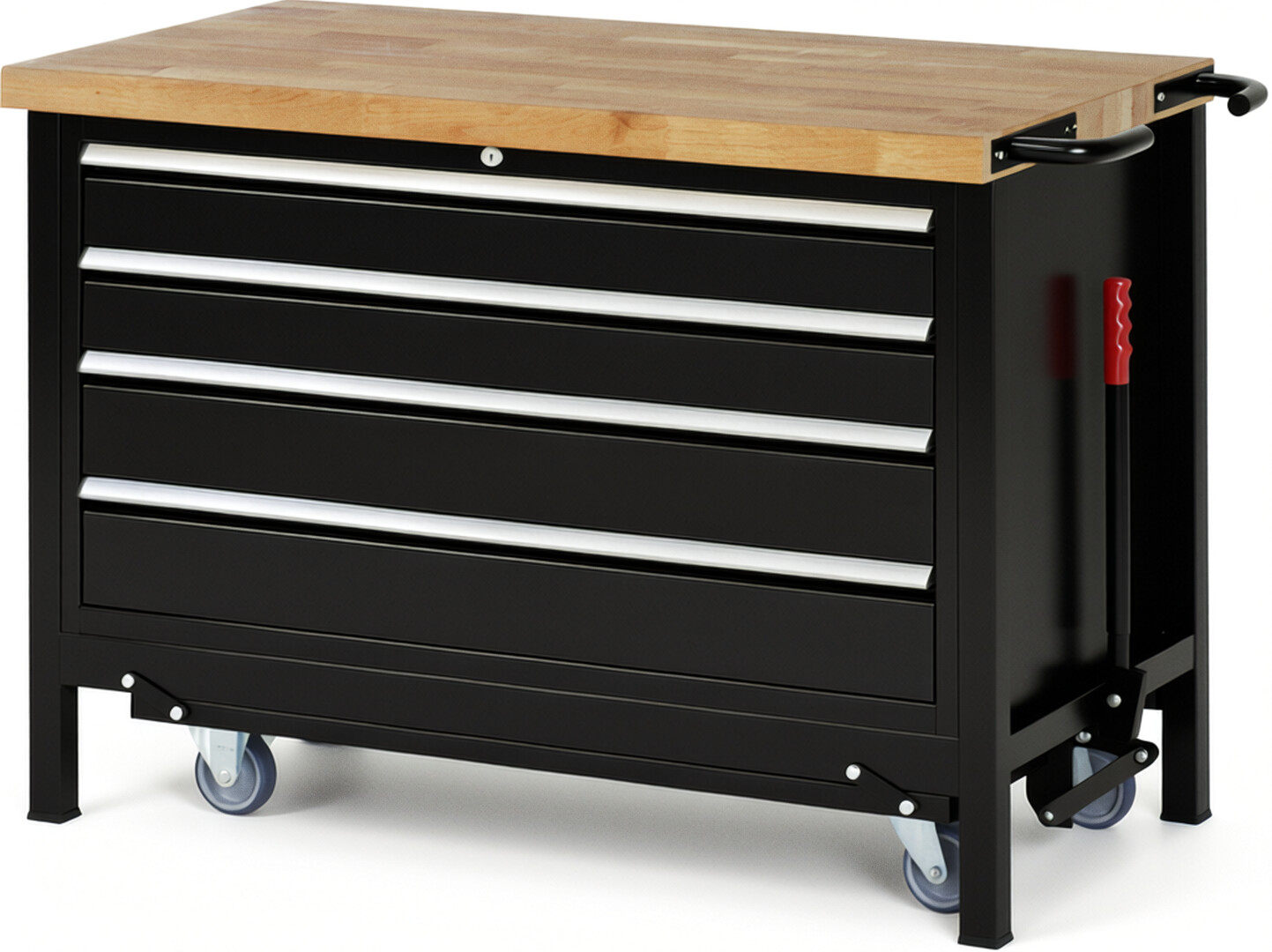 Absenkbare Werkbank Modell 8362 schwarz, BxTxH 1250x700x880 mm,  Buche-Massiv Arbeitsplatte 40 mm,  4 Schubladen mit  Vollauszug 100 % und  SoftClosing