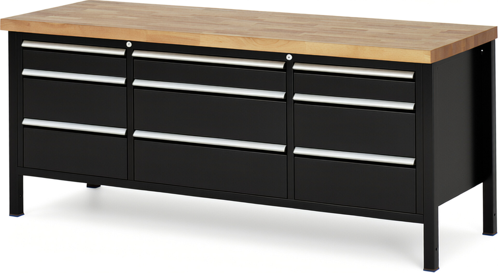 Werkbank Modell 8753 schwarz, BxTxH 2000x700x840-1040 mm,  Buche-Massiv Arbeitsplatte 40 mm,  9 Schubladen mit  Auszug 90 %