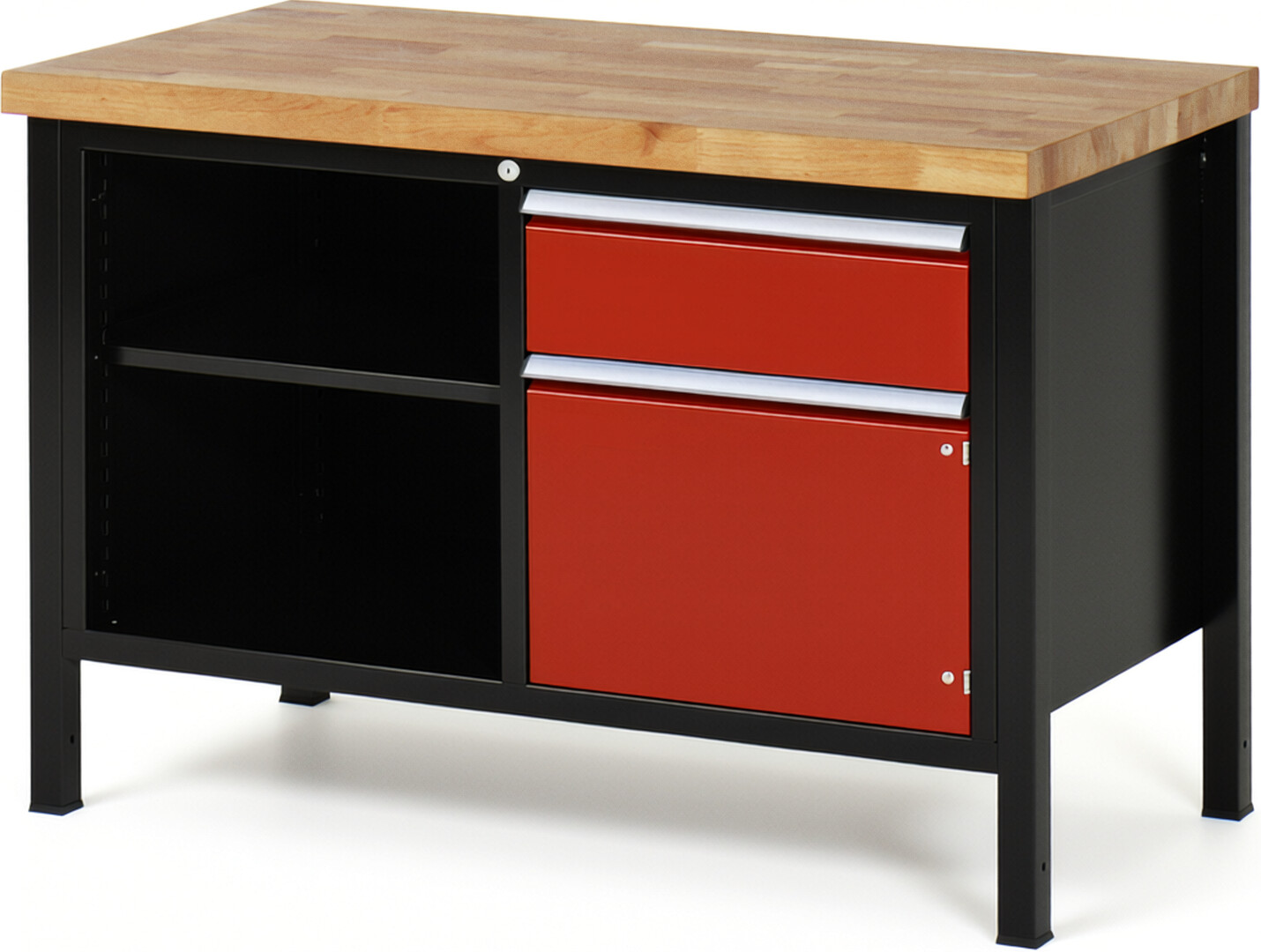 RAU Werkbank schwarz - rot - Breite 125 cm - Tiefe 70 cm - Höhe 104 cm - Buche-Massiv Arbeitsplatte 40 mm
