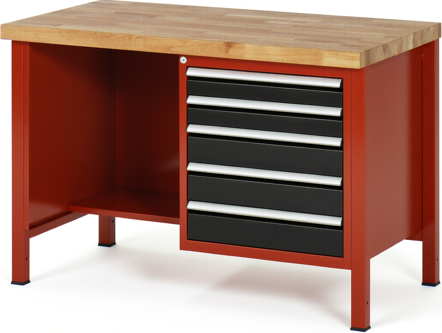 Werkbank Modell 8454 rot - schwarz, BxTxH 1250x700x840 mm,  Buche-Massiv Arbeitsplatte 40 mm,  5 Schubladen mit  Vollauszug 100 % und  SoftClosing
