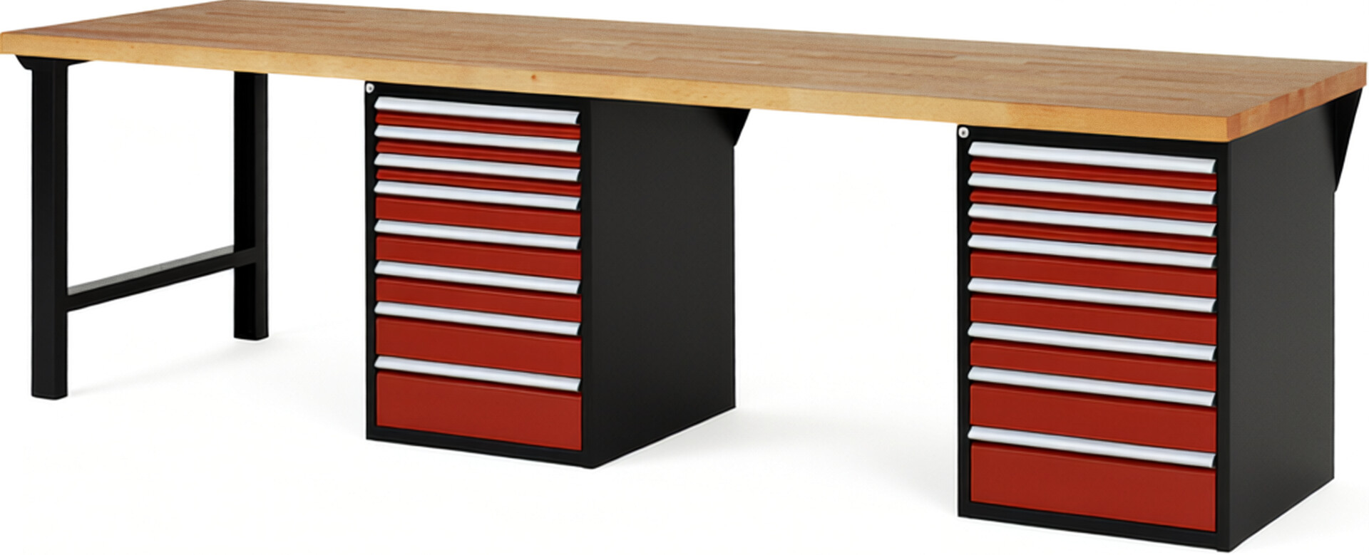 RAU Werkbank schwarz - rot - Breite 300 cm - Tiefe 90 cm - Höhe 89 cm - Buche-Massiv Arbeitsplatte 40 mm
