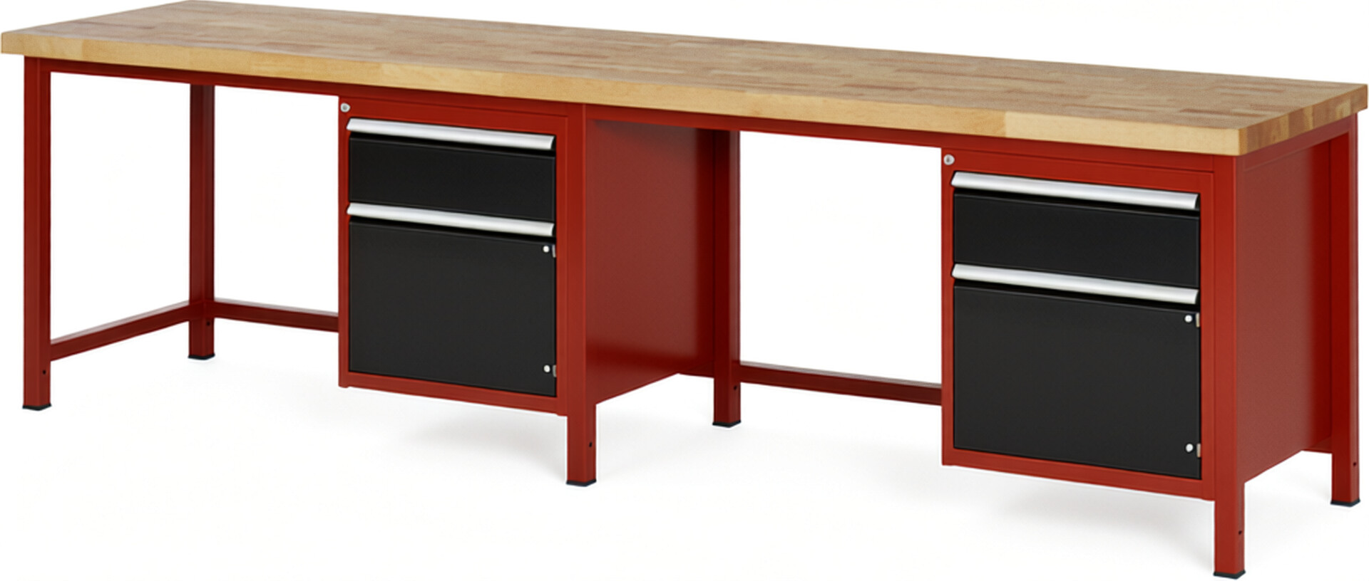 Werkbank Modell 8152 rot - schwarz, BxTxH 3000x700x840 mm,  Buche-Massiv Arbeitsplatte 40 mm,  2 Schubladen mit  Vollauszug 100 % und  SoftClosing