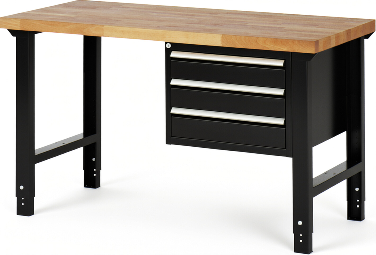 Werkbank Modell 7127 schwarz, BxTxH 1500x700x790-1140 mm,  Buche-Massiv Arbeitsplatte 40 mm,  3 Schubladen mit  Auszug 90 %