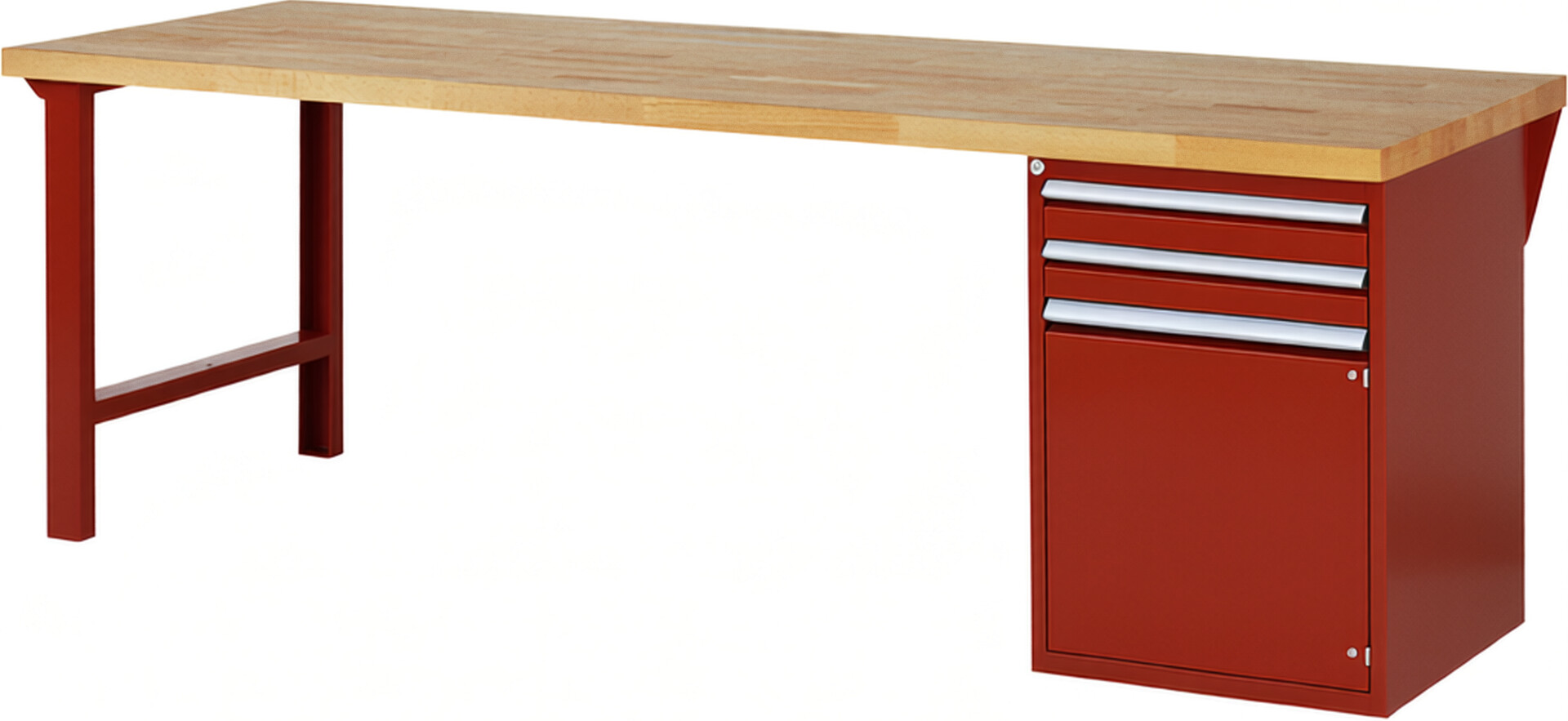 Werkbank Modell 7503 rot, BxTxH 2500x900x840 mm,  Buche-Massiv Arbeitsplatte 40 mm,  2 Schubladen mit  Auszug 90 %
