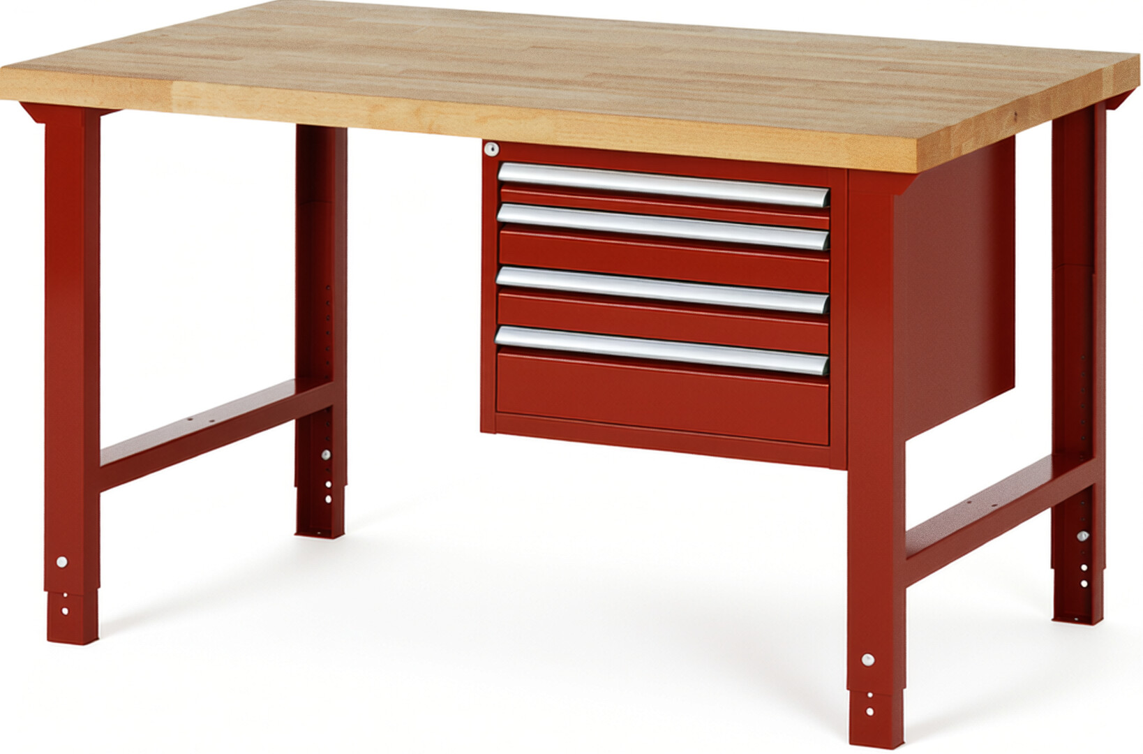 Werkbank Modell 7132 rot, BxTxH 1500x900x790-1140 mm,  Buche-Massiv Arbeitsplatte 40 mm,  4 Schubladen mit  Vollauszug 100 % und  SoftClosing