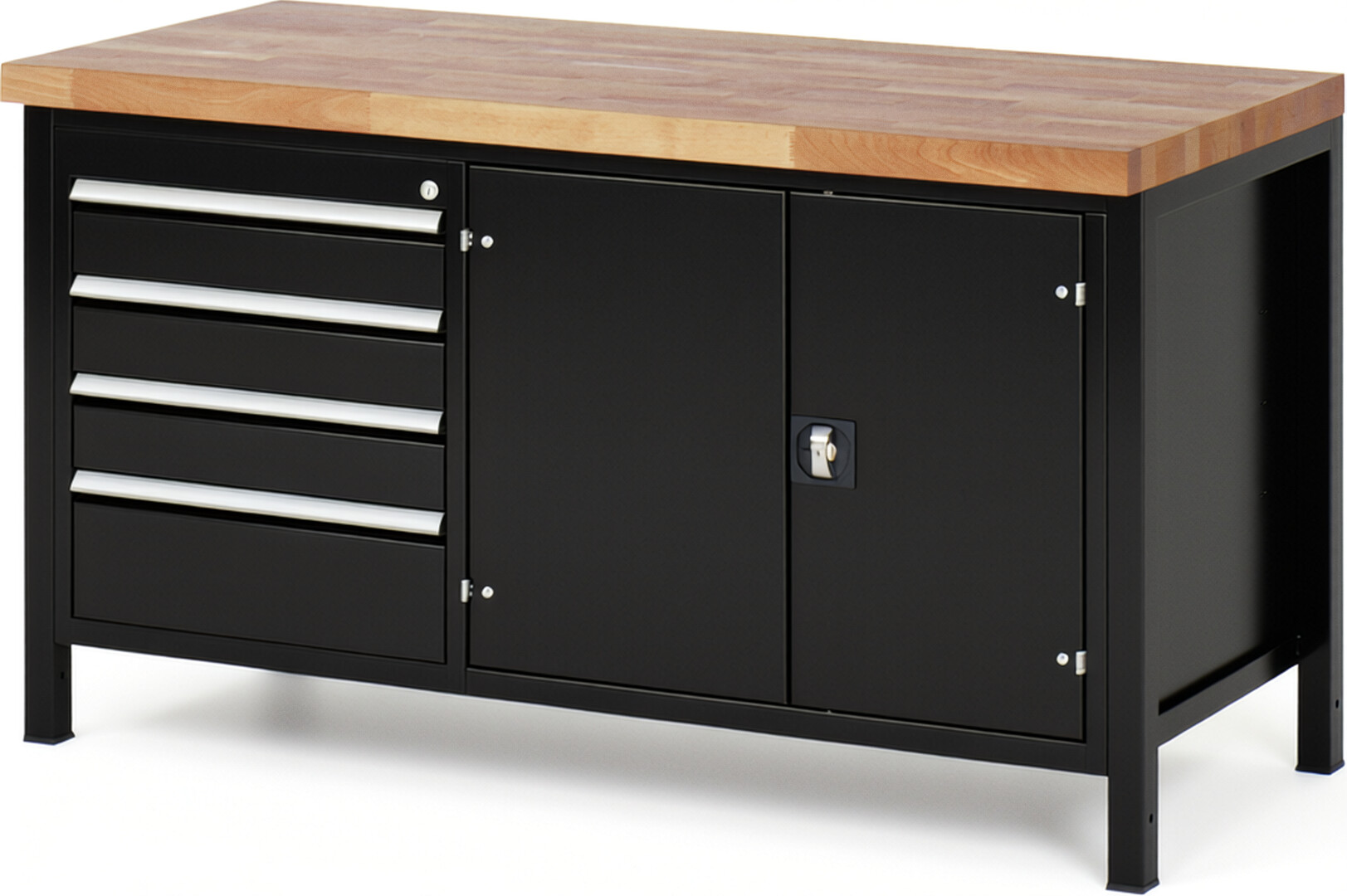 Werkbank Modell 8905 schwarz, BxTxH 1500x700x840-1040 mm,  Buche-Massiv Arbeitsplatte 40 mm,  4 Schubladen mit  Auszug 90 %