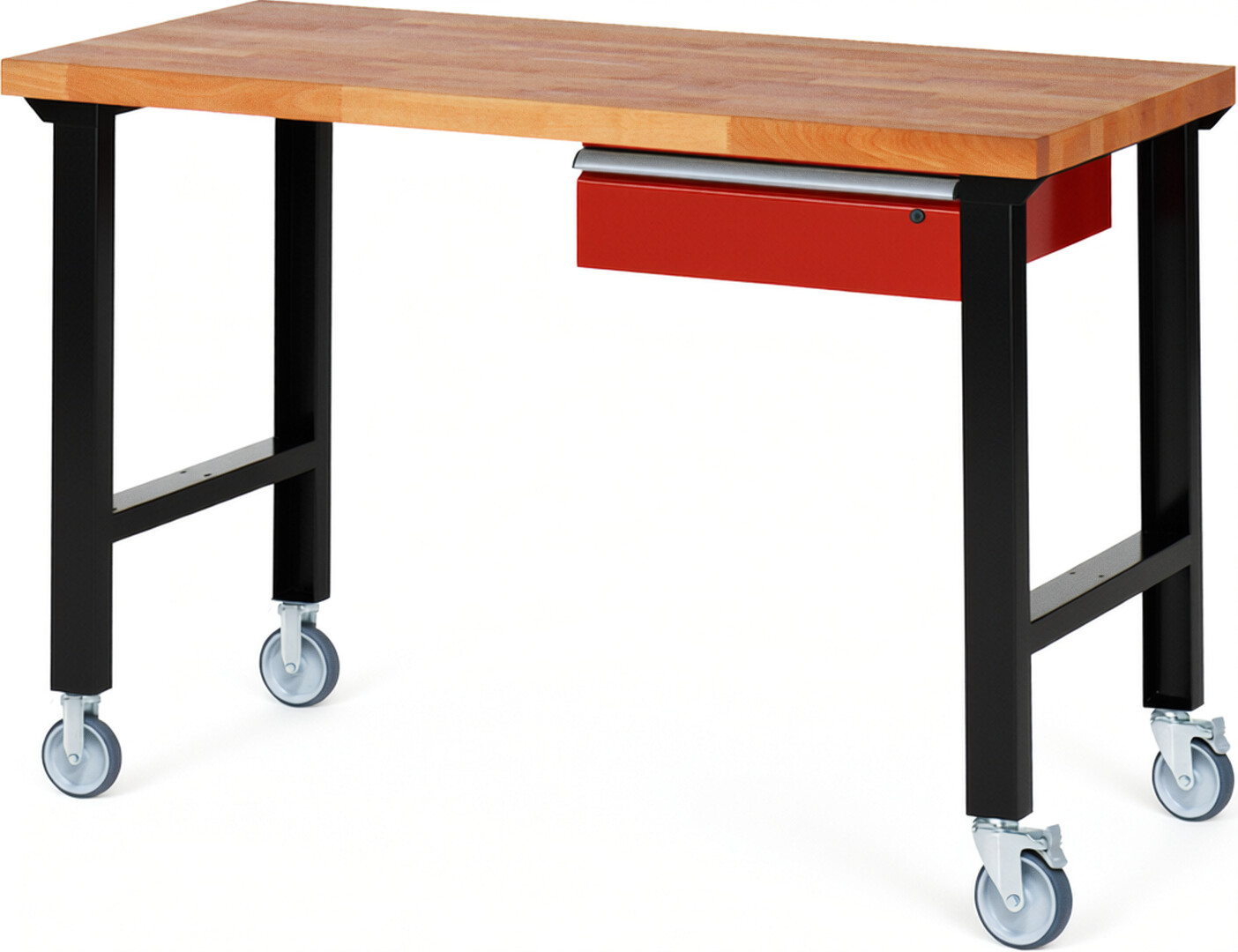 RAU Werkbank schwarz - rot - Breite 150 cm - Tiefe 70 cm - Höhe 100 cm - Buche-Massiv Arbeitsplatte 40 mm