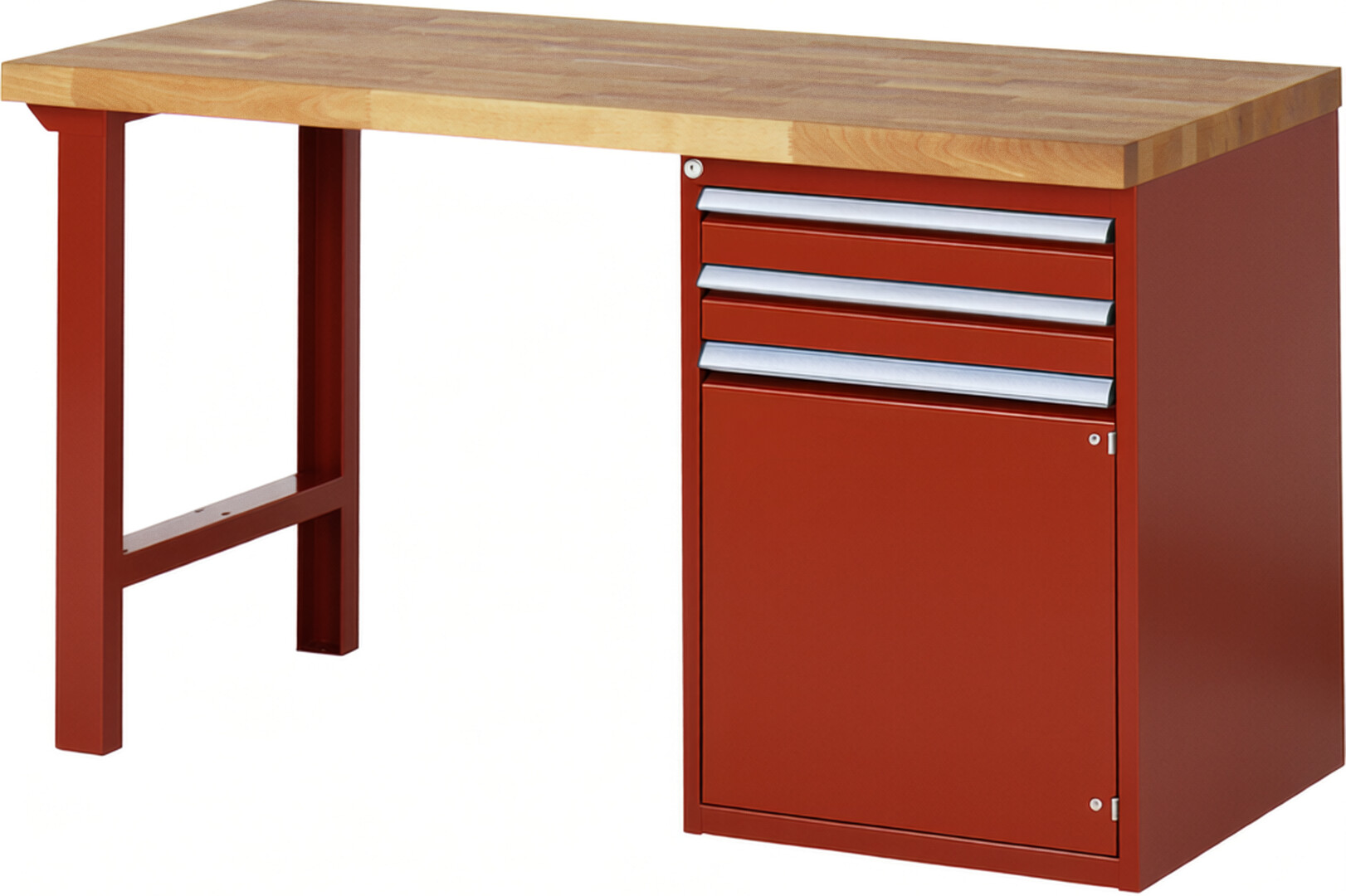 Werkbank Modell 7503 rot, BxTxH 1500x700x890 mm,  Buche-Massiv Arbeitsplatte 40 mm,  2 Schubladen mit  Vollauszug 100 % und  SoftClosing