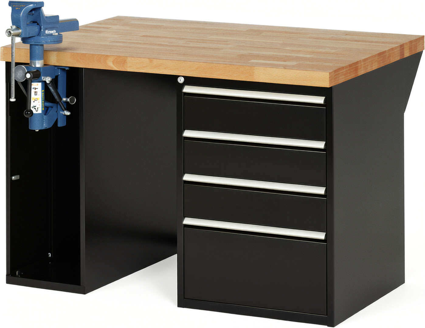 Werkbank Modell 7510 schwarz, BxTxH 1250x900x890 mm,  Buche-Massiv Arbeitsplatte 40 mm,  4 Schubladen mit  Vollauszug 100 % und  SoftClosing