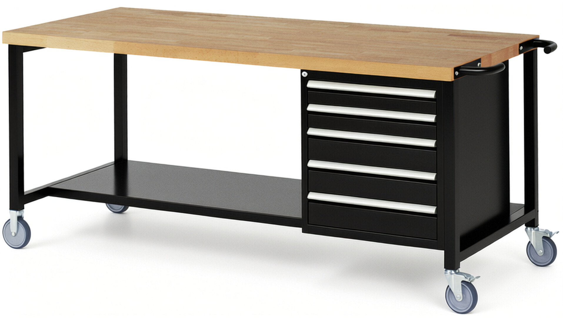 Fahrbare Werkbank Modell 8171 schwarz, BxTxH 2000x900x880 mm,  Buche-Massiv Arbeitsplatte 40 mm,  5 Schubladen mit  Auszug 90 %