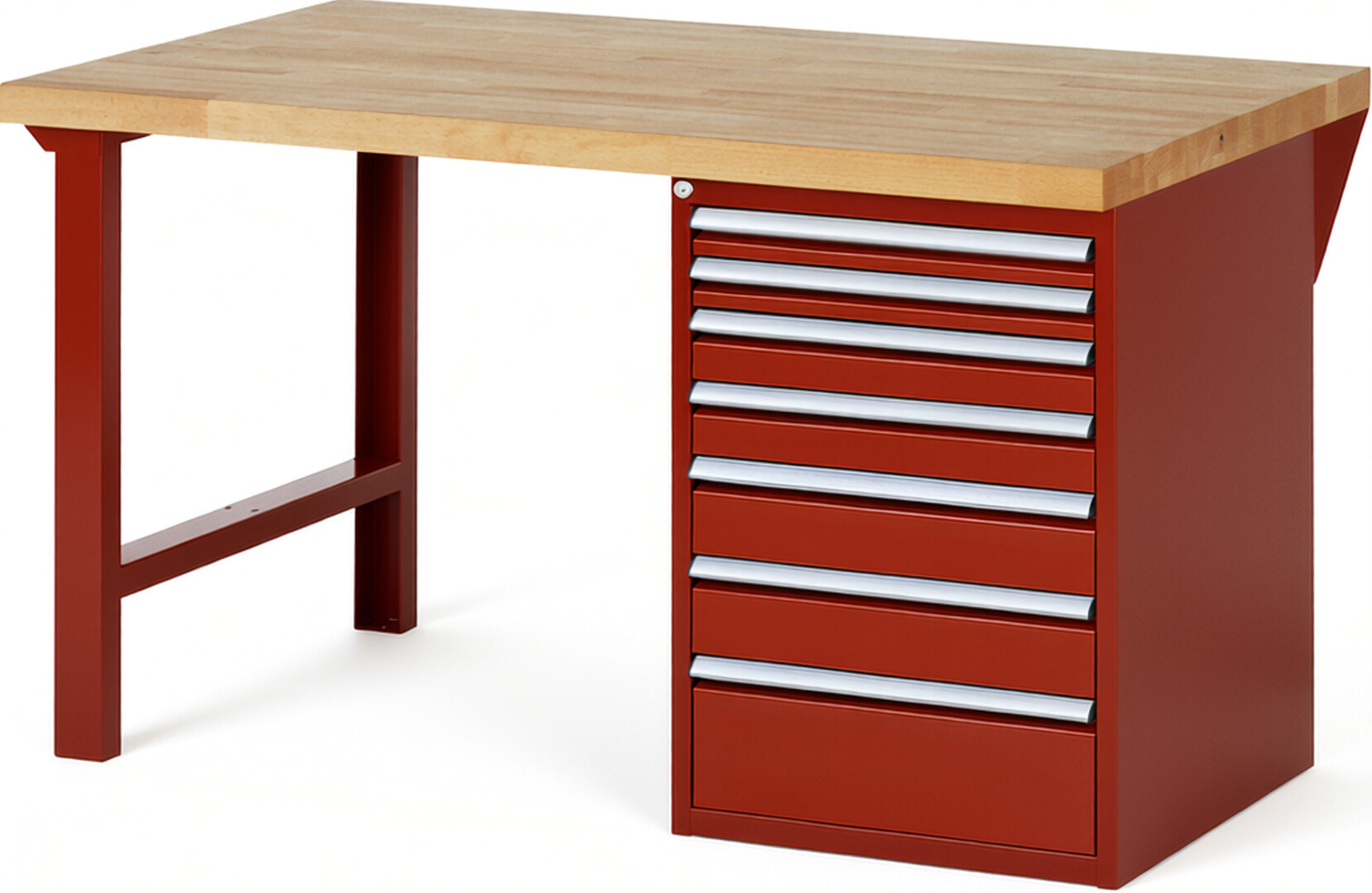 Werkbank Modell 7517 rot, BxTxH 1500x900x890 mm,  Buche-Massiv Arbeitsplatte 40 mm,  7 Schubladen mit  Auszug 90 %