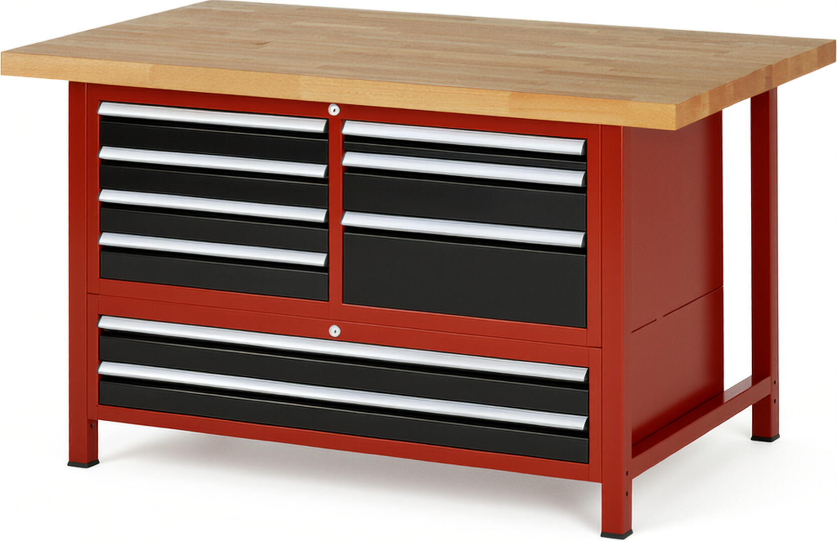Werkbank Modell 8933 rot - schwarz, BxTxH 1500x900x840 mm,  Buche-Massiv Arbeitsplatte 40 mm,  9 Schubladen mit  Auszug 90 %
