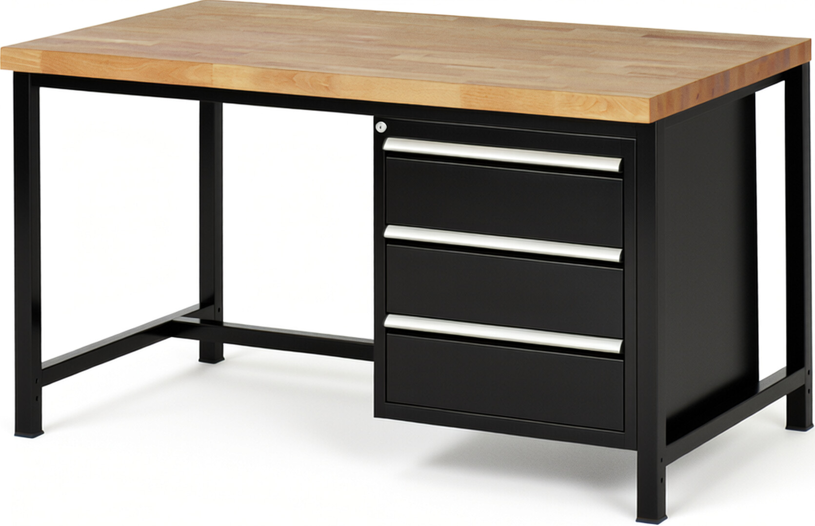 Werkbank Modell 8157 schwarz, BxTxH 1500x900x840 mm,  Buche-Massiv Arbeitsplatte 40 mm,  3 Schubladen mit  Vollauszug 100 % und  SoftClosing