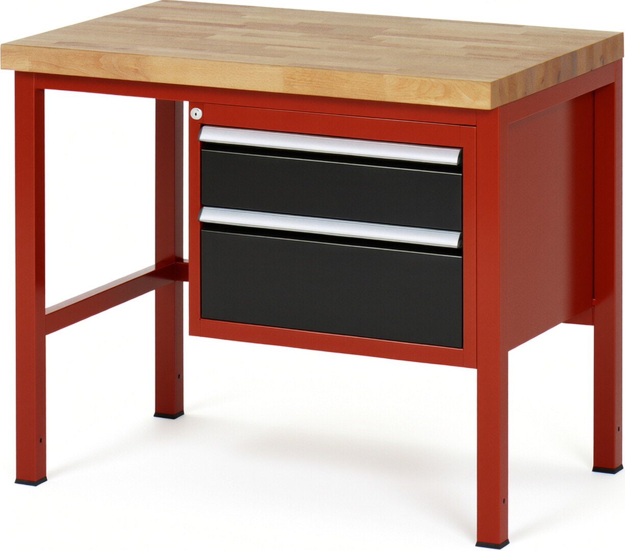 Werkbank Modell 8123 rot - schwarz, BxTxH 1000x700x840-1040 mm,  Buche-Massiv Arbeitsplatte 40 mm,  2 Schubladen mit  Auszug 90 %