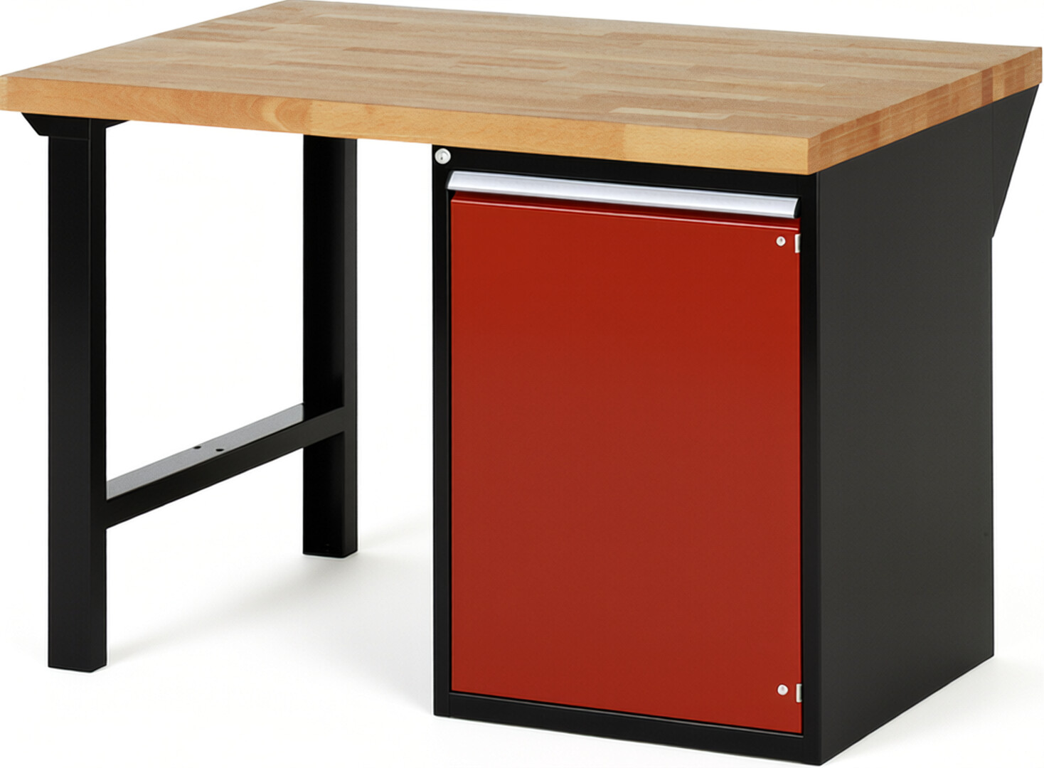 RAU Werkbank schwarz - rot - Breite 125 cm - Tiefe 90 cm - Höhe 89 cm - Buche-Massiv Arbeitsplatte 40 mm