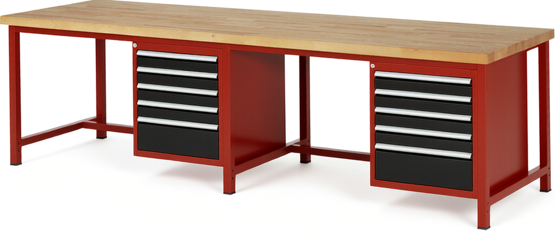 Werkbank Modell 8168 rot - schwarz, BxTxH 3000x900x840-1040 mm,  Buche-Massiv Arbeitsplatte 40 mm,  10 Schubladen mit  Vollauszug 100 % und  SoftClosing