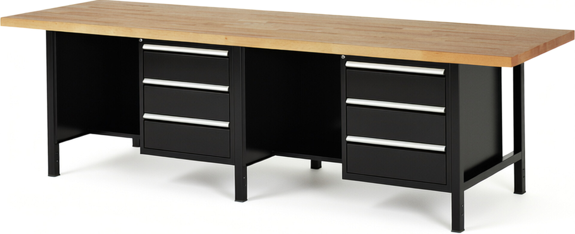 Werkbank Modell 8452 schwarz, BxTxH 3000x900x840-1040 mm,  Buche-Massiv Arbeitsplatte 40 mm,  6 Schubladen mit  Auszug 90 %